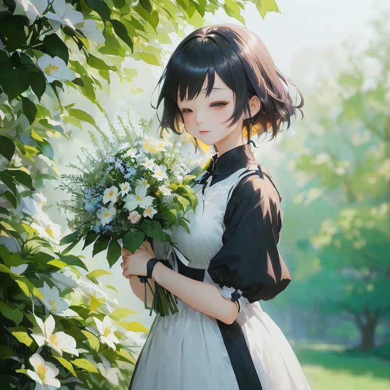 anime girl in maid dress holding a bouquet of flowers in a park, a maid in a magical forest, guweiz, artwork in the style of guweiz, anime girl in a maid costume, with flowers, guweiz on pixiv artstation, smooth anime cg art, guweiz on artstation pixiv, anime visual of a cute girl