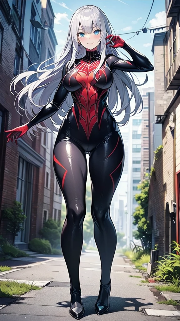 (full body),One girl,Big Breasts,Standing in the ruins of a city,(8k),scratch,Detailed face,Gray Hair,Dark blue eyes,Long Hair,Embarrassing,A small smile,expensive_resolution, expensive_meaning,battlefield,Brave pose,Dark colored suit,(Symbiote Spiderman Custom:1.1),