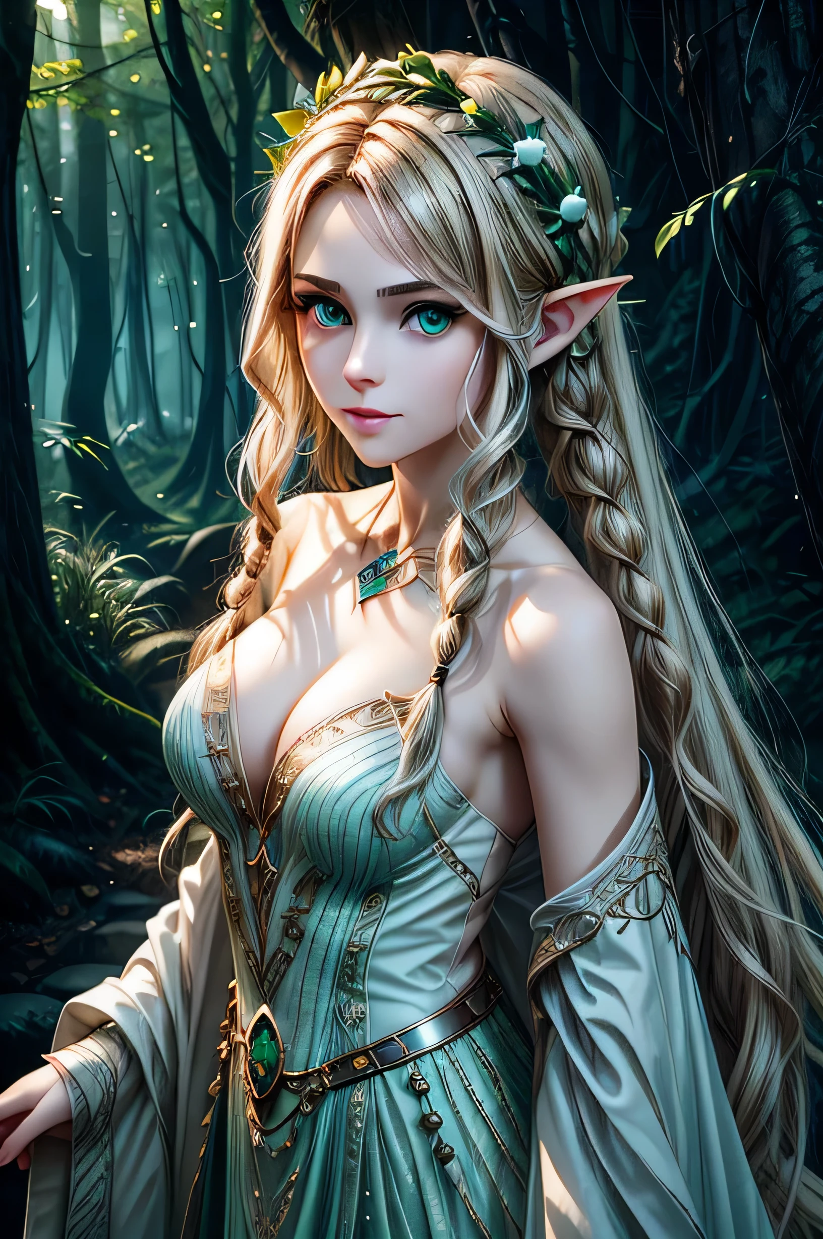 SFW ((masterpiece, best quality)), (extremely detailed CG unity 8k wallpaper), sharp focus, high definition RAW color photo, photorealistic artwork:1.37, realistic style, SFW, solo, (( girl )), elf, alabaster skin, shiny skin, two-tone hair, (brown hair), braiding, head wreath, BREAK, (sparkling eyes, brilliant green eyes), CosmicEyes, (clear white sclera), double eyelids, eyelashes, well defined eyes, beautiful eyes, perfect eyes, upturn eyes, upturn brows, detailed face, smile, (small breasts), anatomically correct, BREAK, Attire: Druidic/Bardic style, intricate elven attire of green white, dress, BREAK, Area setting: Epic fantasy style, forest glade, Dynamic Pose, portrait or cowboy shot, cinematic lighting