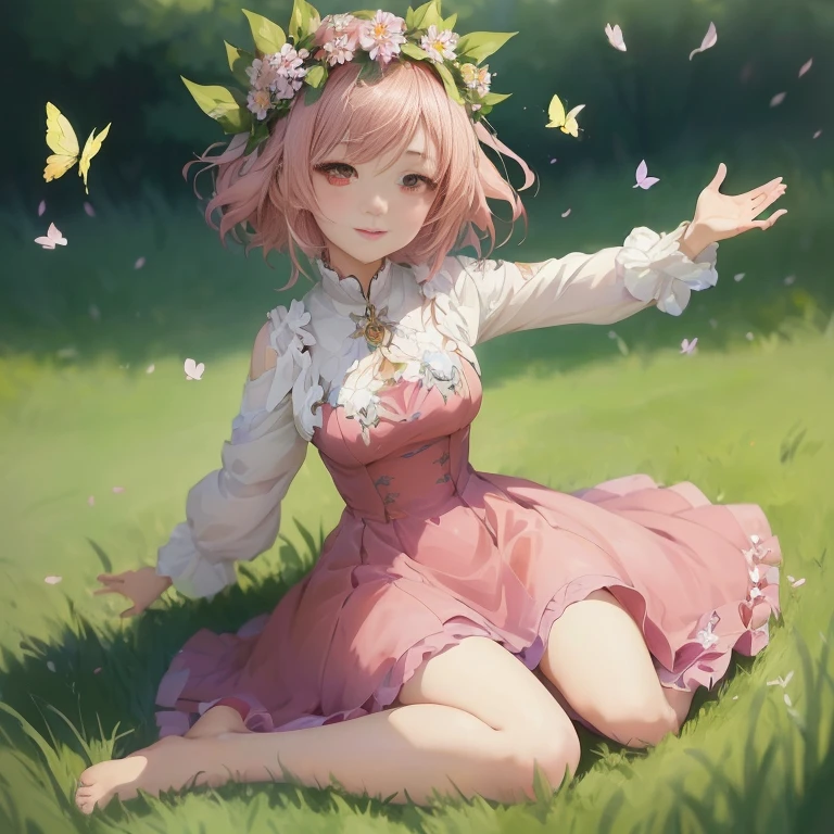 anime girl sitting in the grass with her arms outstretched out,  in dress, guweiz on pixiv artstation, cute anime girl, guweiz on artstation pixiv, splash art anime , anime moe artstyle, cute anime waifu in a nice dress, sakura petals around her, anime visual of a cute girl, zerochan art