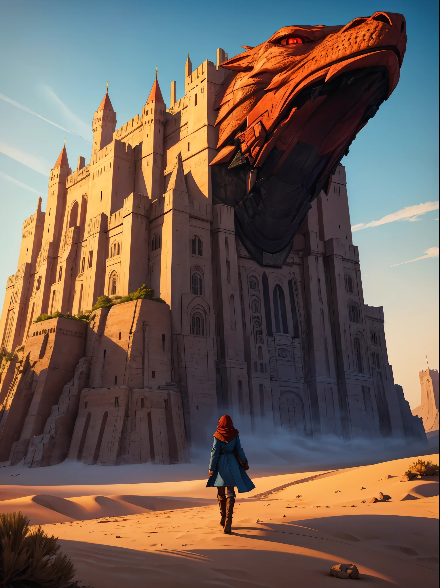 masterpiece, illustration, ((massive giant military babel fortress made of carving stone standing on desert land far away)), (babel tower), pale blue sky, sunlight, fog, shadow, dark grass with stone, uninhabitable, barren land, nature, (mountains), unsaturated, (young girl wearing dark blue coat walking towards the castle standing far away), medium length red hair, moscow, soviet union, (dark dragon with glowing red eyes flying on the sky above the fortress)