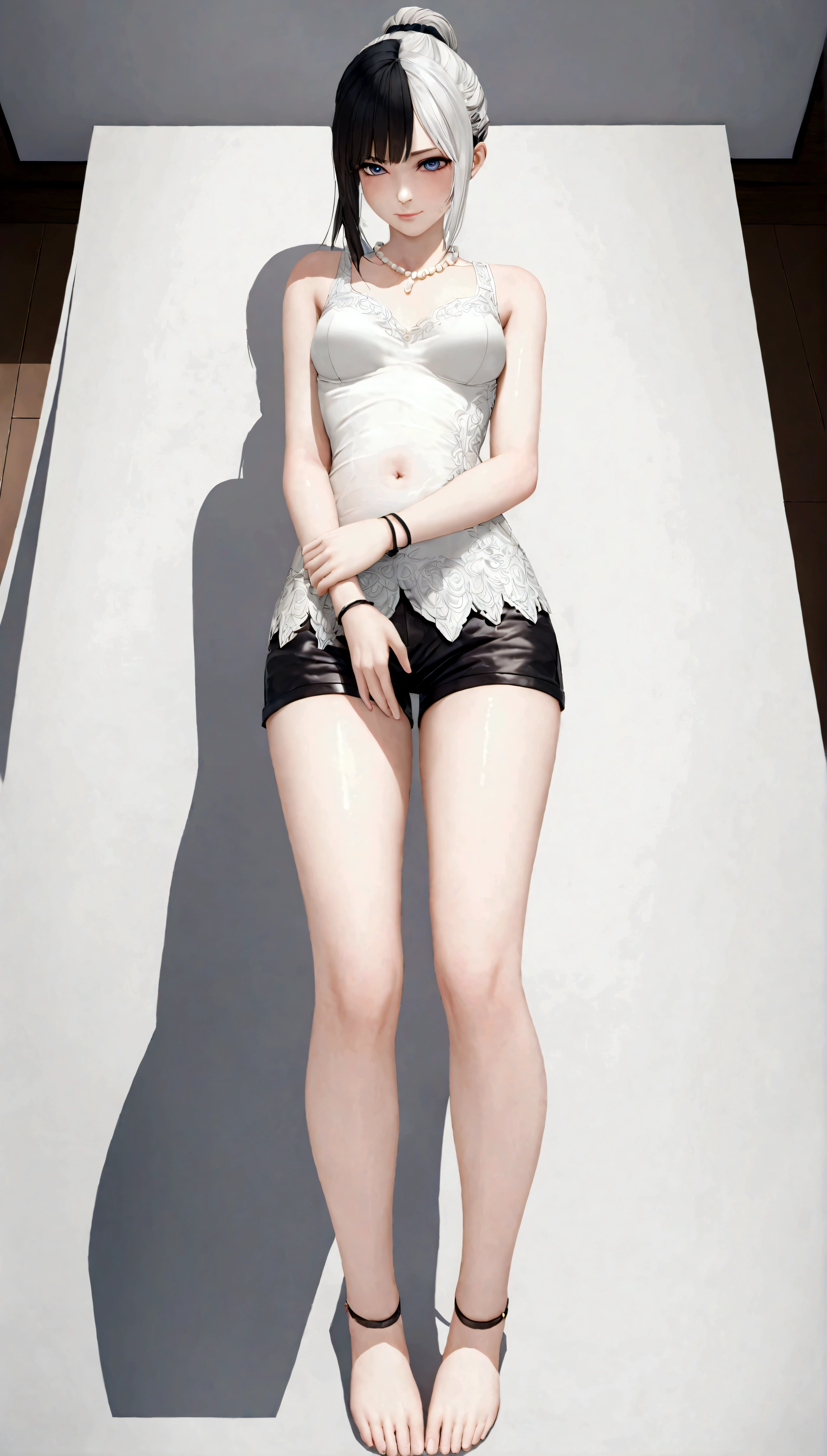 1 girl，Silver short hair，Beautiful facial features，Exquisite makeup，small freckles，Pearl necklace，Black suspender skirt，Shoulder，White hair on arm、Close-up of miss wearing white mask, Beautiful character painting, guweiz, Gurwitz-style artwork, White-haired god, author：Yang Jie, Epic and beautiful character art, Stunning character art, author：Fan Qi, by Wuzhun Shifan, pixiv Art Street Guviz, Single ponytail, insult, High Ponytail, Tall and big, Long legs, (sleeveless lace shirt), (shorts), (Striped )), ((Striped )), Walk, elegant, dignified, miss, Beautiful curves, sweet smile, Strong sense of detail and layering, color丰富绚丽, Has a unique texture, rich and colorful, color, vivid, Design Art, 16K, Super detailed, {{illustration}}, {Extremely refined}, {Exquisite surface treatment}, Super detailed, Delicate and shining eyes, {{Light}}, 极致Light效果, Model: realism, CFG size: 12, Laura: Bright texture (1.35), high quality, masterpiece, Exquisite facial features, Delicate hair depiction, Detailed depiction of the eyes, masterpiece, best quality, Light線追蹤, Extremely detailed CG unified 8k wallpaper, masterpiece, best quality, (1 girl), 完美miss身材, (((Skinny white T-shirt))), beautiful eyes, (Delicate face), short black hair, Tie your hair up, Light blue hairpin, Black silk frame glasses, in class, (White skin), (Optimal Lighting), (Super intricate details), 4k unity, (Super detailed CG), Showing off her white legs, , Hot Pants, shorts,性感Long legs, Thin waist, Sweat runs down my waist, Showing belly, Extremely detailed depiction, Pink Hair, Asymmetrical bangs, Transparent clothes, Hands on thighs, 把目Light移開, 8k resolution, Raise an eyebrow, shiny hair, Flower head, Wristbands, bandage，leather
