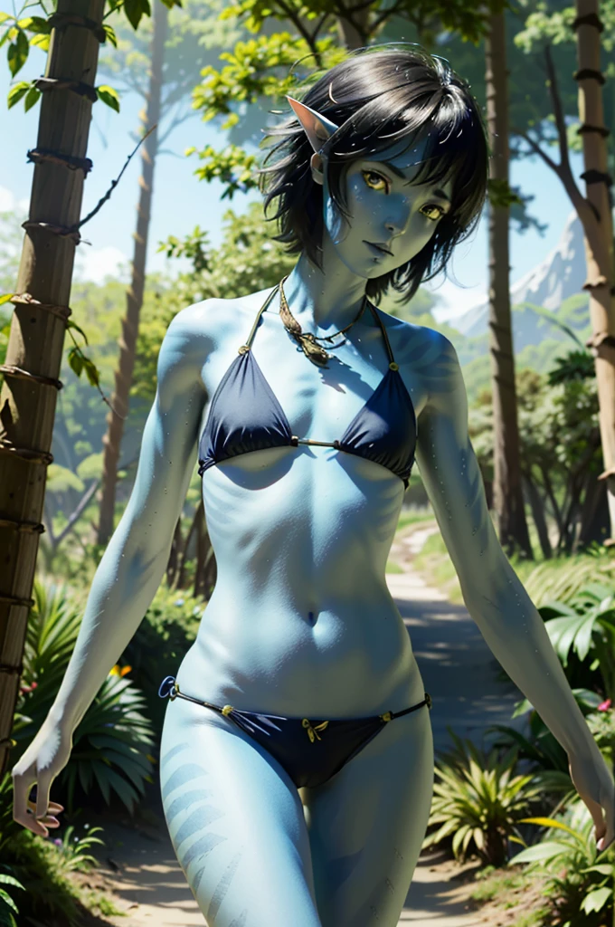 ((ultra detailed, masterpiece, absurdres))
AvKiri, 1girl, blue skin, yellow eyes, black hair, short hair, portrait, small breasts, perfect nipples, cameltoe, in the forest, bikini