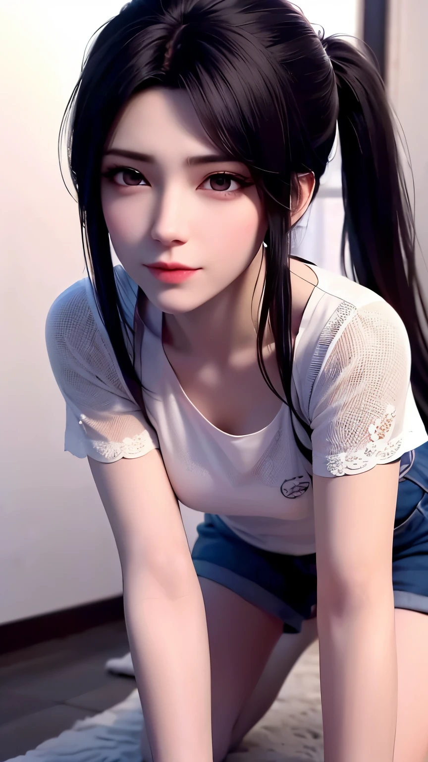 a white hair、Close-up of miss wearing white mask, Beautiful character painting, guweiz, Gurwitz-style artwork, White-haired god, author：Yang Jie, Epic and beautiful character art, Stunning character art, author：Fan Qi, by Wuzhun Shifan, pixiv Art Street Guviz, Single ponytail, insult, High Ponytail, Tall and big, Long legs, (sleeveless lace shirt), (shorts), (Striped )), ((Striped )), Walk, elegant, dignified, miss, Beautiful curves, sweet smile, Strong sense of detail and layering, color丰富绚丽, Has a unique texture, rich and colorful, color, vivid, Design Art, 16K, Super detailed, {{illustration}}, {Extremely refined}, {Exquisite surface treatment}, Super detailed, Delicate and shining eyes, {{Light}}, 极致Light效果, Model: realism, CFG size: 12, Laura: Bright texture (1.35), high quality, masterpiece, Exquisite facial features, Delicate hair depiction, Detailed depiction of the eyes, masterpiece, best quality, Light線追蹤, Extremely detailed CG unified 8k wallpaper, masterpiece, best quality, (1 girl), 完美miss身材, (((Skinny white T-shirt))), beautiful eyes, (Delicate face), short black hair, Tie your hair up, Light blue hairpin, Black silk frame glasses, in class, (White skin), (Optimal Lighting), (Super intricate details), 4k unity, (Super detailed CG), Showing off her white legs, , Hot Pants, shorts,性感Long legs, Thin waist, Sweat runs down my waist, Showing belly, Extremely detailed depiction, Pink Hair, Asymmetrical bangs, Transparent clothes, Hands on thighs, 把目Light移開, 8k resolution, Raise an eyebrow, shiny hair, Flower head, Wristbands, bandage，Leather sexy pose, simple grey background, Climbing towards the viewer, Kitten pose, On all fours, 