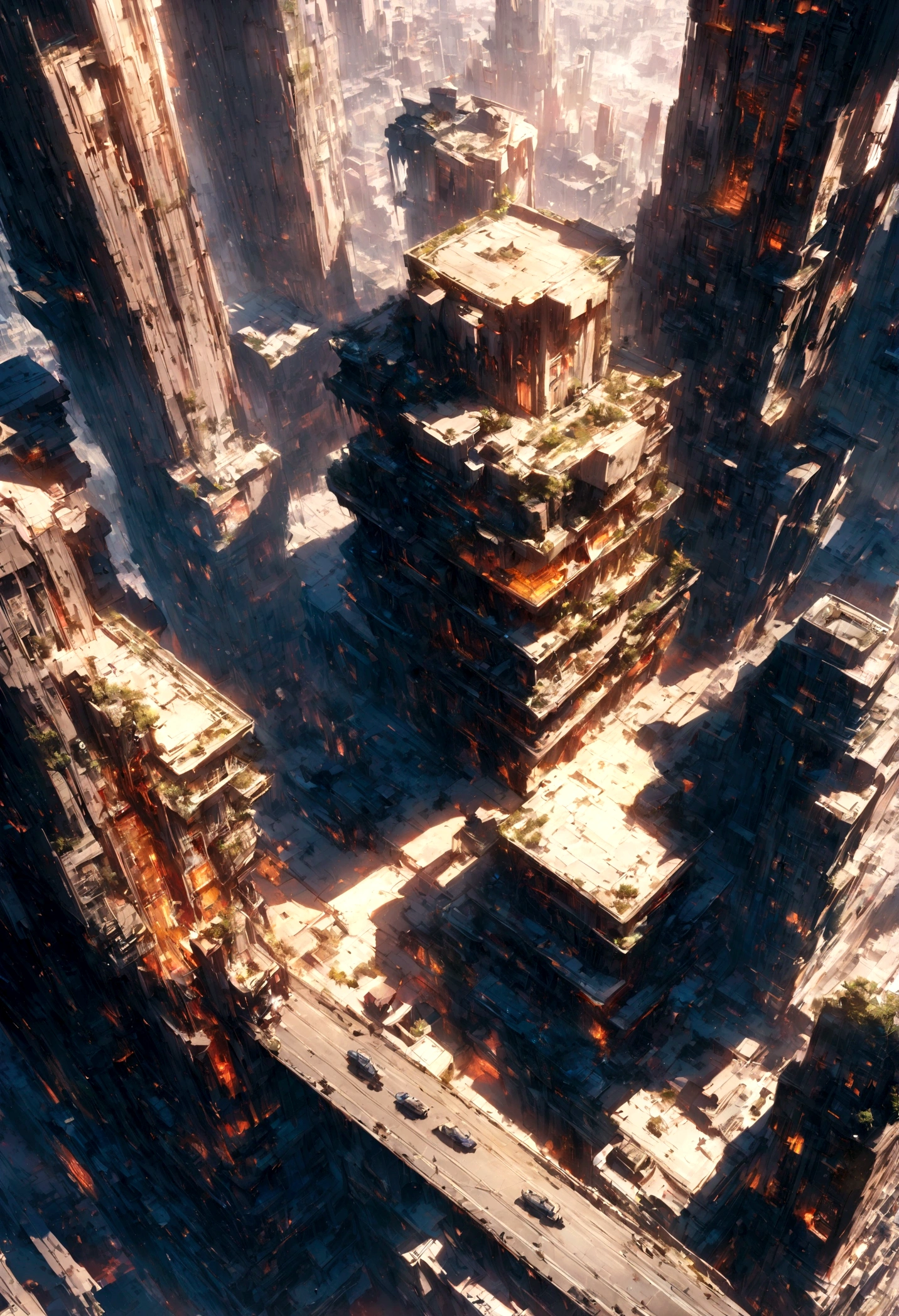 A view of a metropolis from above. Futuristic buildings and flying cars can be seen in the sky