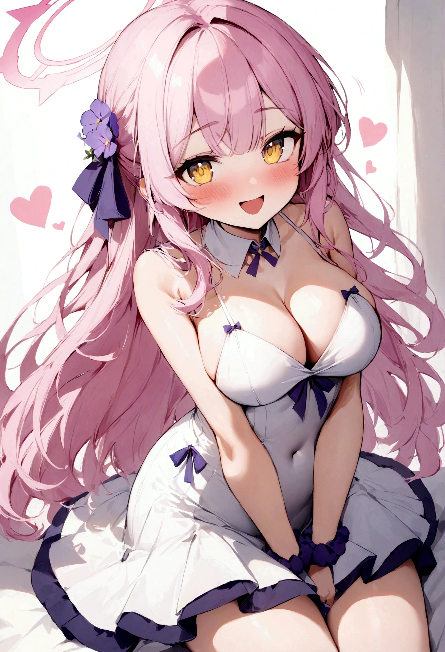 1girl,blue_archive,blush,breasts,cleavage,collar,commentary,covered_navel,detached_collar,dress,english_commentary,flower,hair_flower,hair_ornament,hair_ribbon,halo,heart,highres,knees,large_breasts,long_hair,looking_at_viewer,mika_(blue_archive),open_mouth,pink_hair,pink_halo,purple_flower,purple_ribbon,purple_scrunchie,ribbon,scrunchie,shizukodesu,simple_background,sleeveless,sleeveless_dress,smile,solo,thighs,v_arms,white_background,white_collar,white_dress,white_ribbon,wrist_scrunchie,yellow_eyes, best quality, masterpiece, nai3