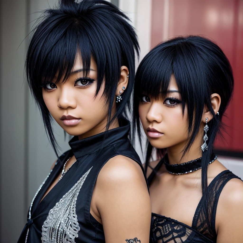 Visual kei, side swept bangs, blasian girl, emo, piercings