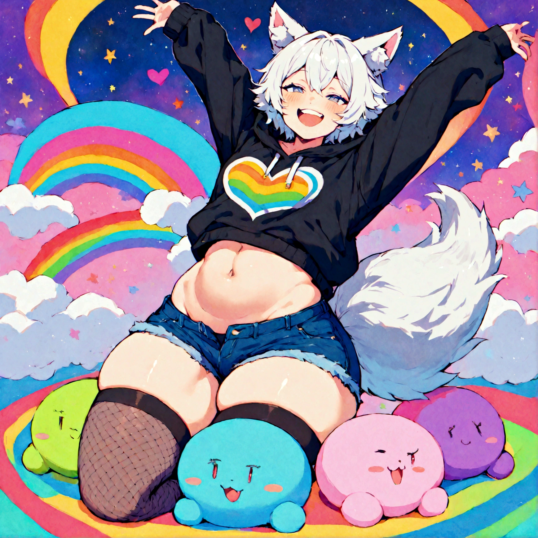 a cute adult male with wolf ears, white hair, has a wolf tail, wearing a loose cropped oversized black hoodie, wearing a pair of denim short shorts and thigh high fishnet stockings, thick thighs, wide hips, relaxing on mound of fluffy multi colored kawaii plushies, short, very slim, showing slender tummy, stretching out, heart on hoodie, squishy thighs, has glowing blue eyes. alone, solo (ALONE)(SOLO), surrounded by rainbows, colorful galaxy backround, mouth wide open grin, very happy, excited, nice butt