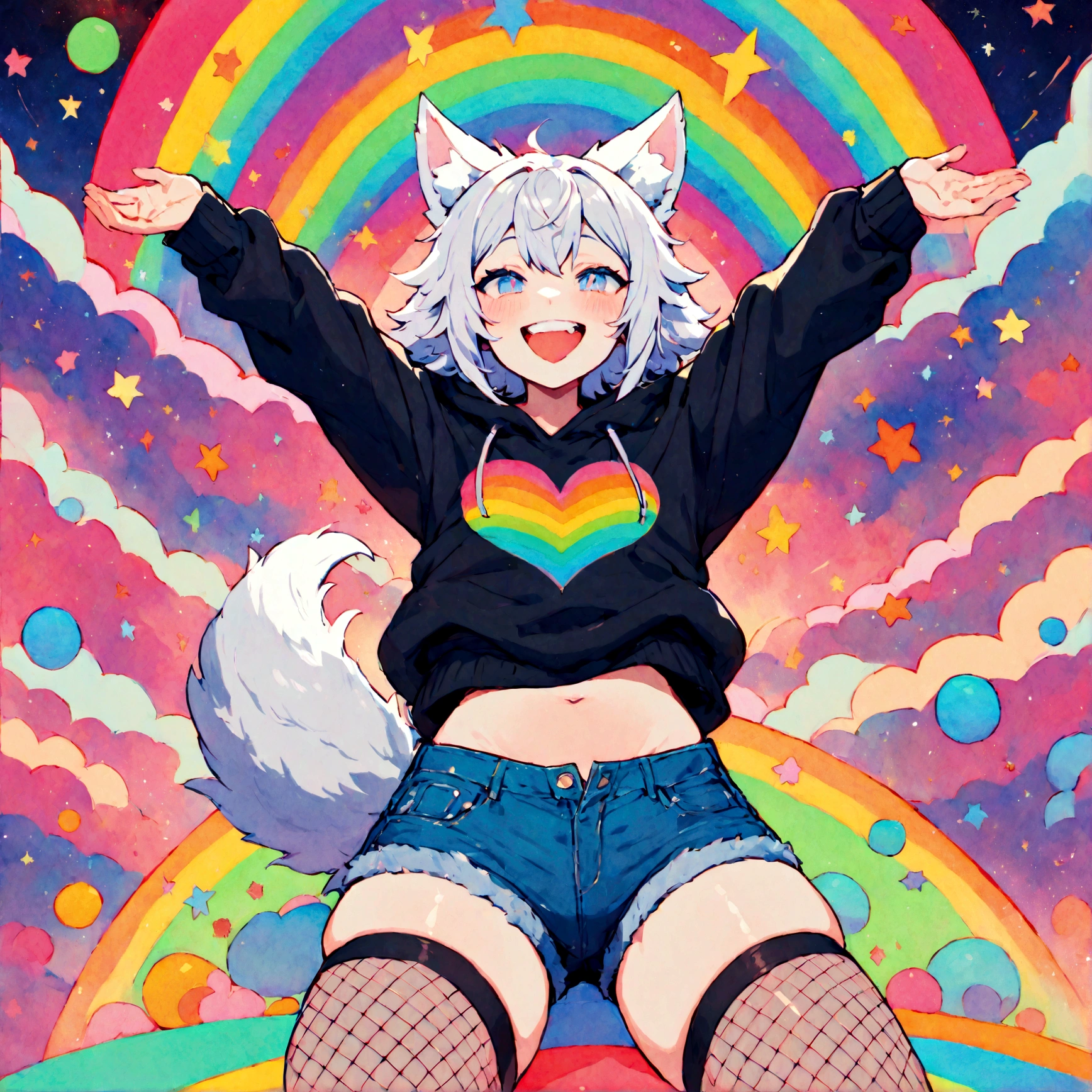 a cute adult male with wolf ears, white hair, has a wolf tail, wearing a loose cropped oversized black hoodie, wearing a pair of denim short shorts and thigh high fishnet stockings, thick thighs, wide hips, relaxing on mound of fluffy multi colored kawaii plushies, short, very slim, showing slender tummy, stretching out, heart on hoodie, squishy thighs, has glowing blue eyes. alone, solo (ALONE)(SOLO), surrounded by rainbows, colorful galaxy backround, mouth wide open grin, very happy, excited, nice butt