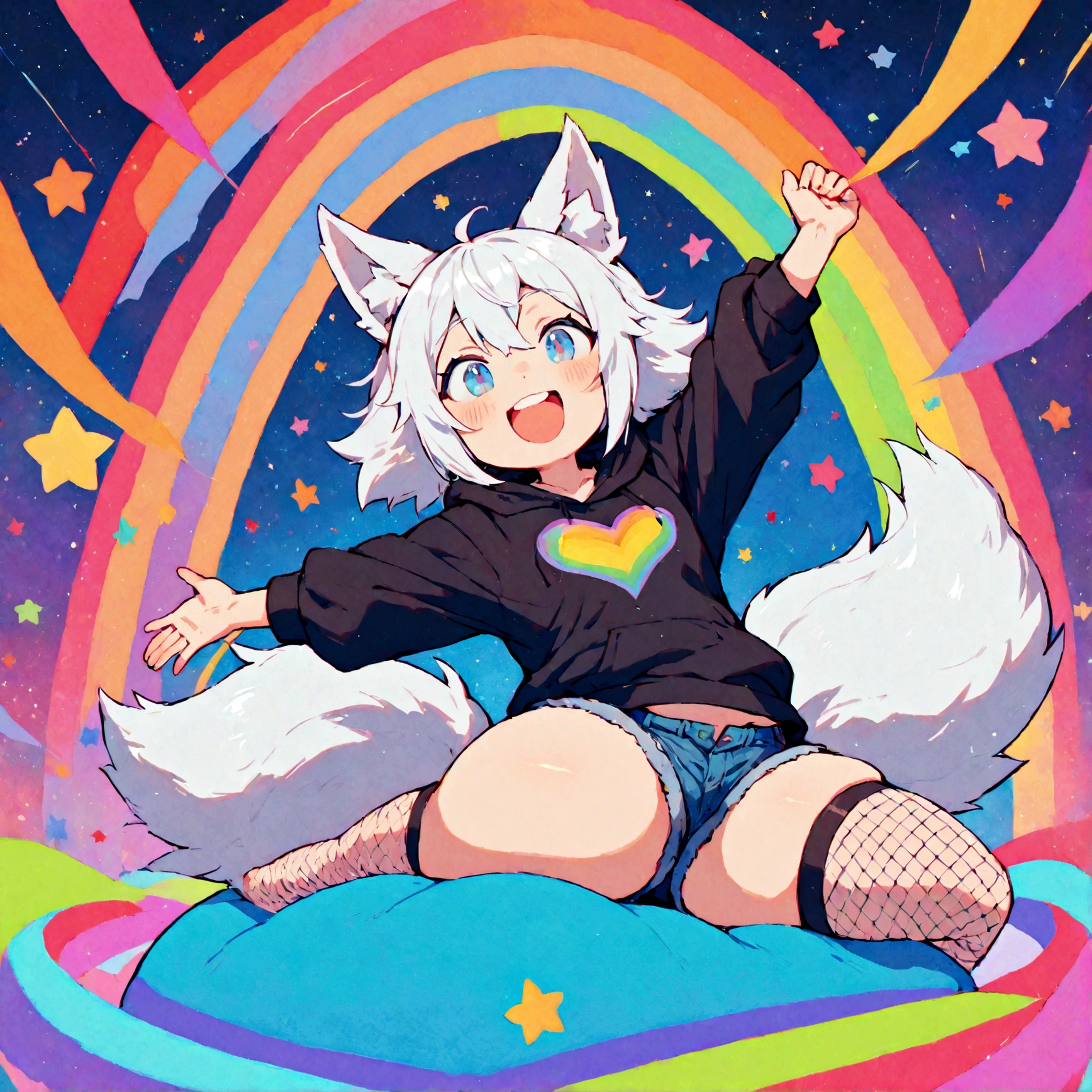 a cute adult male with wolf ears, white hair, has a wolf tail, wearing a loose cropped oversized black hoodie, wearing a pair of denim short shorts and thigh high fishnet stockings, thick thighs, wide hips, relaxing on mound of fluffy multi colored kawaii plushies, short, very slim, showing slender tummy, stretching out, heart on hoodie, squishy thighs, has glowing blue eyes. alone, solo (ALONE)(SOLO), surrounded by rainbows, colorful galaxy backround, mouth wide open grin, very happy, excited, nice butt