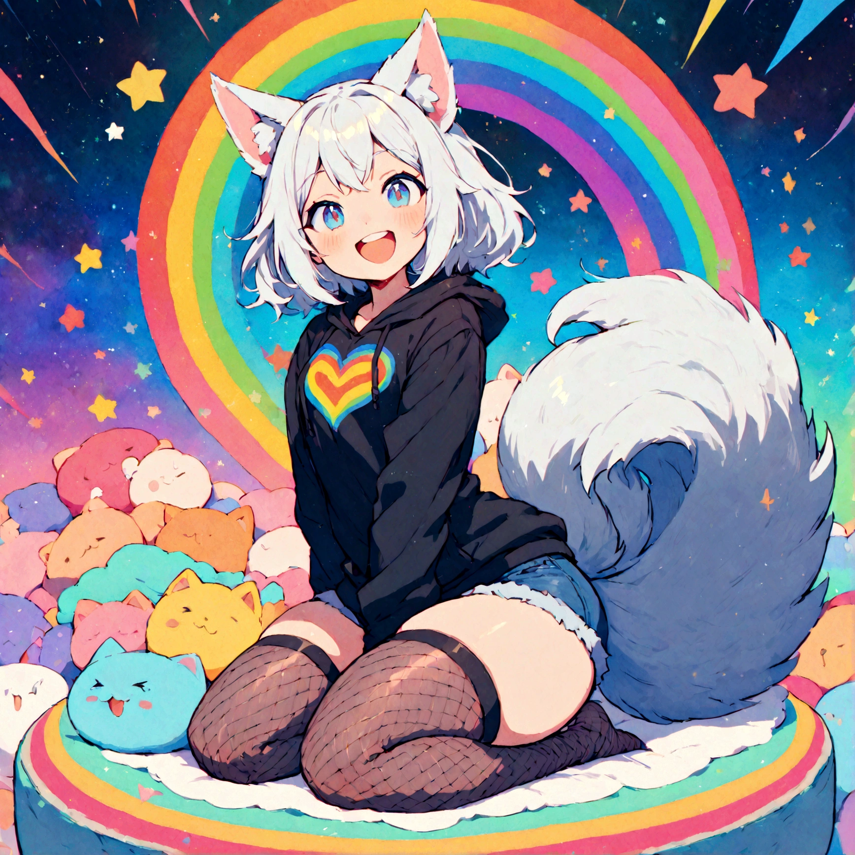 a cute adult male with wolf ears, white hair, has a wolf tail, wearing a loose cropped oversized black hoodie, wearing a pair of denim short shorts and fishnet stockings, thick thighs, wide hips, relaxing on mound of fluffy multi colored kawaii plushies, short, very slim, showing slender tummy, stretching out, heart on hoodie, squishy thighs, has glowing blue eyes. alone, solo (ALONE)(SOLO), surrounded by rainbows, colorful galaxy backround