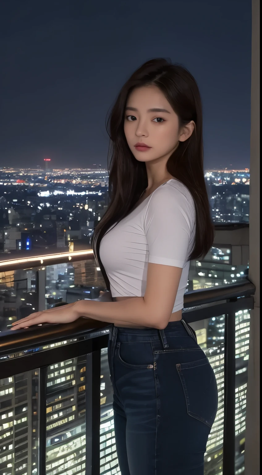 ((Midnight, Best quality, 8k, Masterpiece :1.3)), Whole body, Long legs, Sharp focus :1.2, A pretty woman with perfect figure :1.4, Slender abs :1.1, ((Dark brown hair,  :1.2)), (White tight tshirt, Jean bib, Standing:1.2), ((Night city view, Rooftop:1.3)), Highly detailed face and skin texture, Detailed eyes, Double eyelid