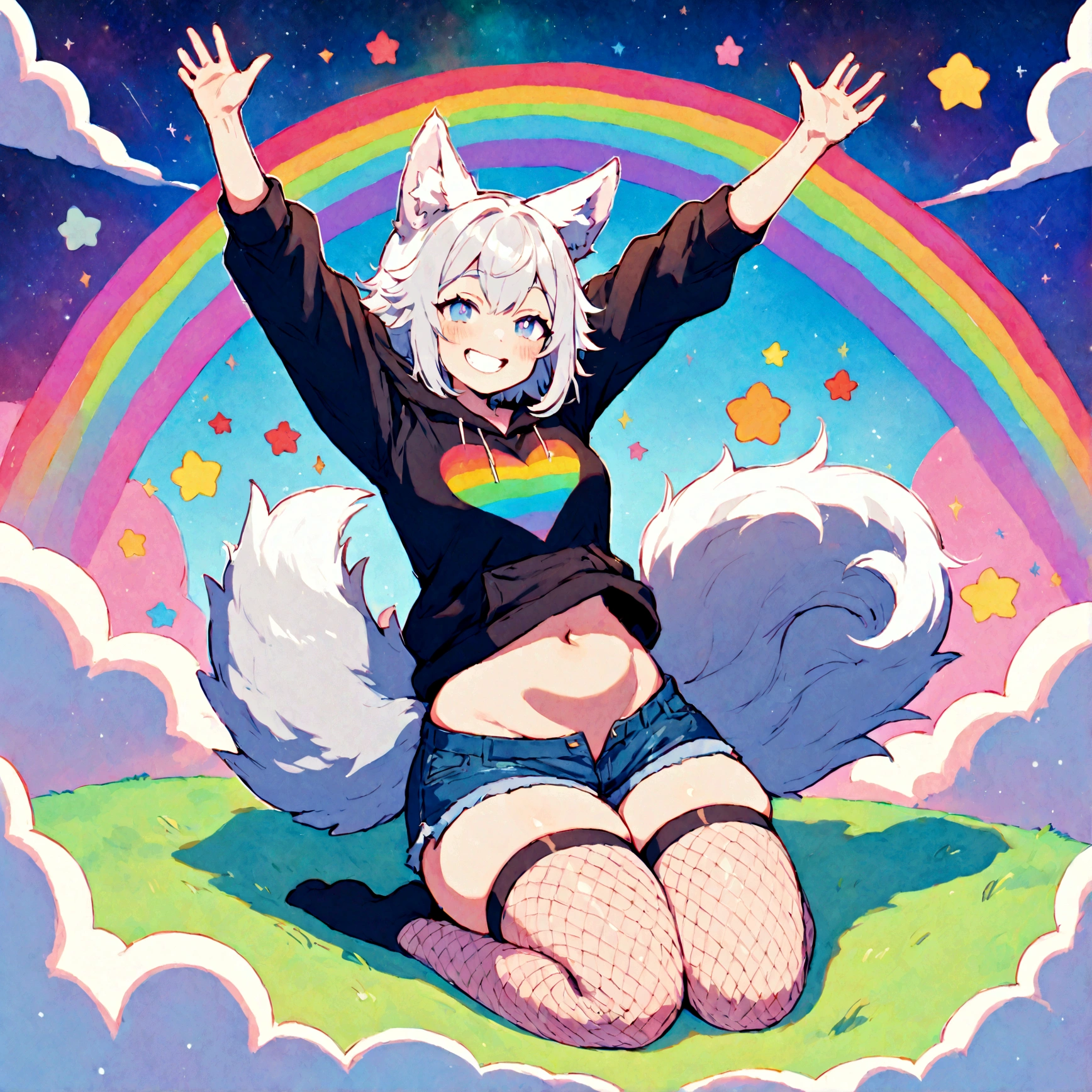 a cute adult male with wolf ears, white hair, has a wolf tail, wearing a loose cropped oversized black hoodie, wearing a pair of denim short shorts and thigh high fishnet stockings, thick thighs, wide hips, relaxing on mound of fluffy multi colored kawaii plushies, short, very slim, showing slender tummy, stretching out, heart on hoodie, squishy thighs, has glowing blue eyes. alone, solo (ALONE)(SOLO), surrounded by rainbows, colorful galaxy backround, mouth wide open grin, very happy, excited, nice butt