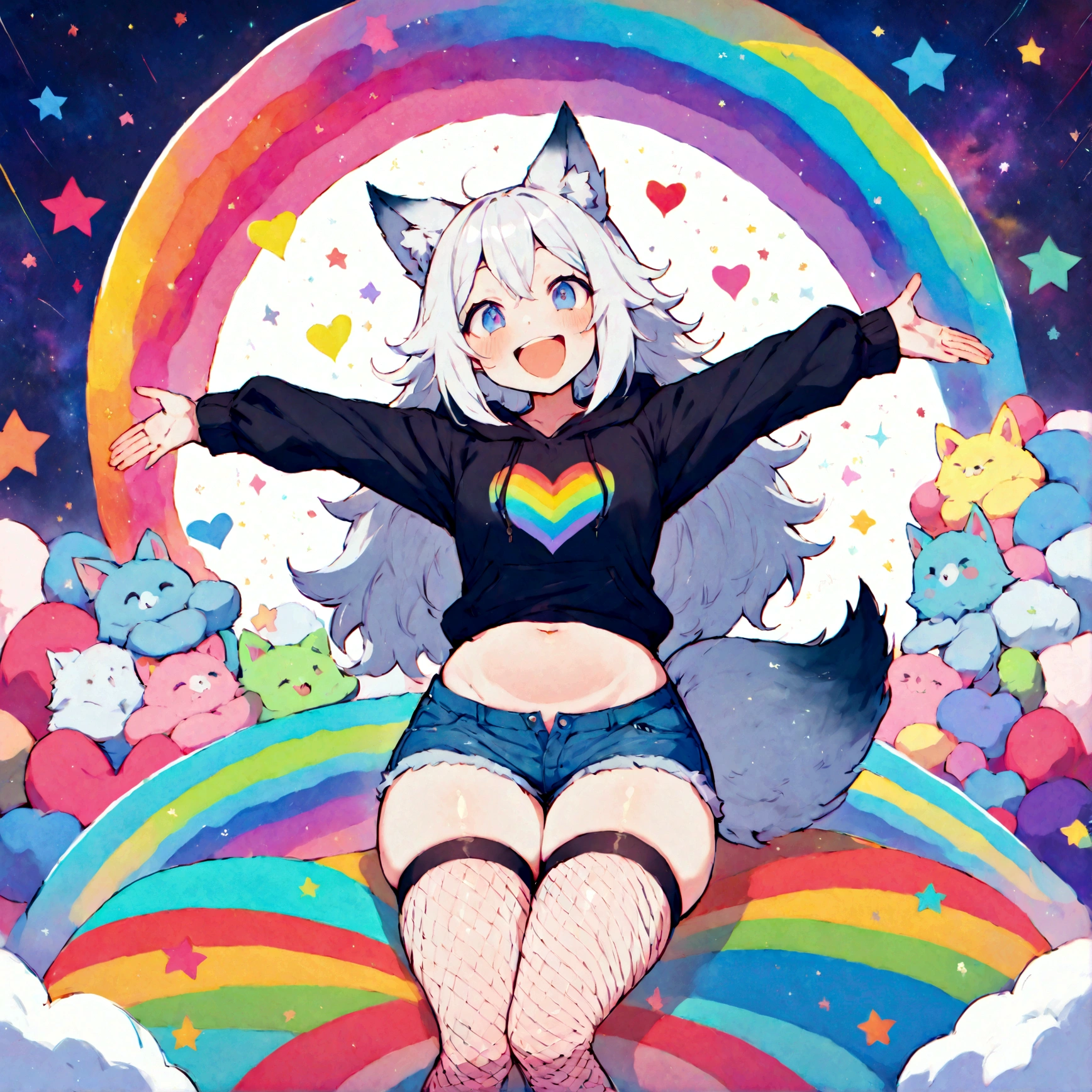 a cute adult male with wolf ears, white hair, has a wolf tail, wearing a loose cropped oversized black hoodie, wearing a pair of denim short shorts and thigh high fishnet stockings, thick thighs, wide hips, relaxing on mound of fluffy multi colored kawaii plushies, short, very slim, showing slender tummy, stretching out, heart on hoodie, squishy thighs, has glowing blue eyes. alone, solo (ALONE)(SOLO), surrounded by rainbows, colorful galaxy backround, mouth wide open grin, very happy, excited, nice butt