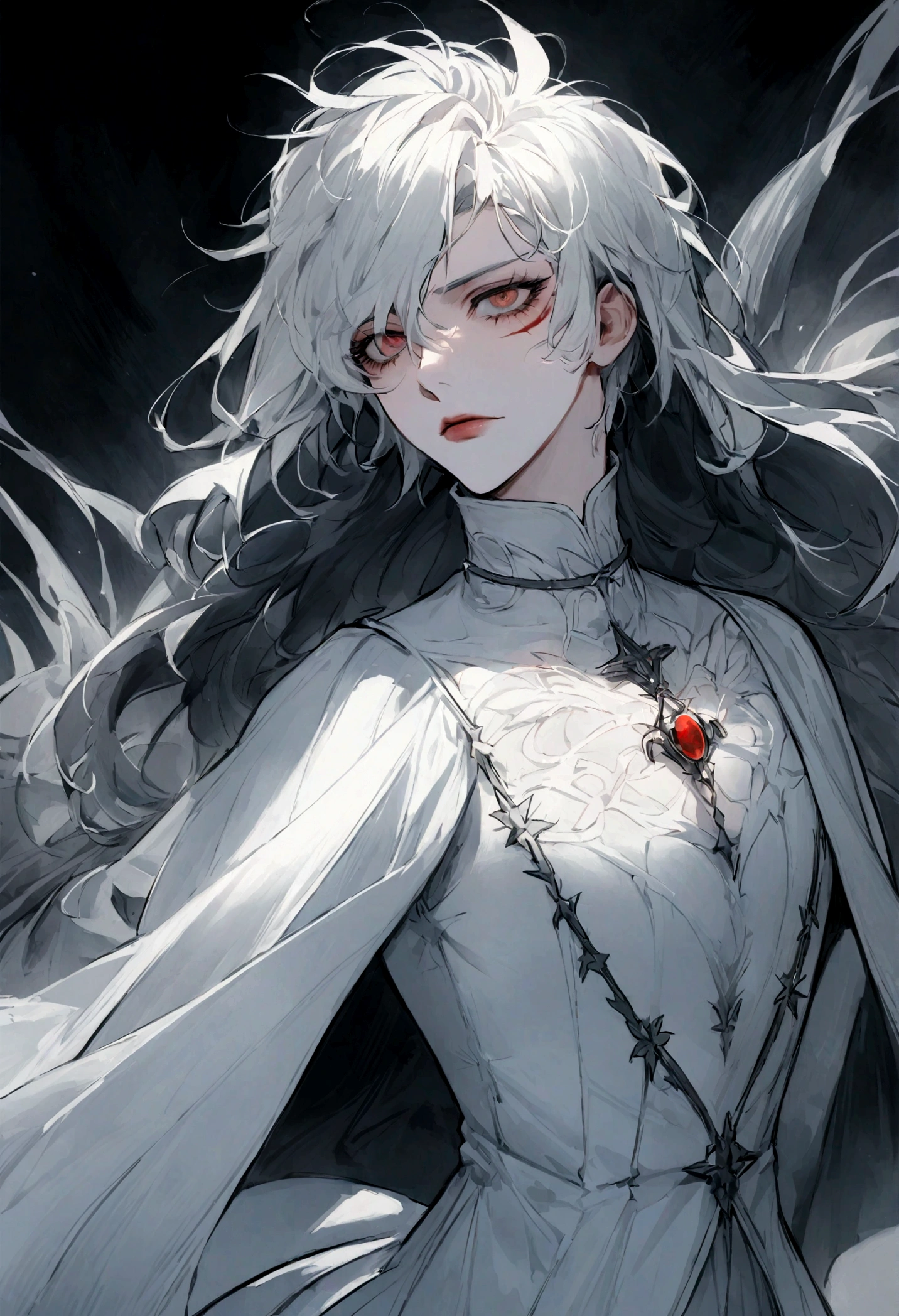 Numa pintura meticulosamente detalhada, There is the representation of a young man of remarkable appearance. Seu cabelo, as white as snow, flui em longas mechas sobre seus ombros, creating a striking contrast with your pale skin, almost translucent. Vestindo um terno elegante em tons de negro e vermelho, a vestimenta se ajusta perfeitamente ao seu corpo esguio e alto, further underscoring his enigmatic presence.
The most intriguing element of the image is, undoubtedly, os olhos do jovem. Profundos e carmesim, They seem to radiate an intense glow that contrasts dramatically with their pallor. No entanto, The expression on his face is completely devoid of emotion. Os olhos, de uma beleza quase hipnotizante, parecem vazios, as if they kept deep, unfathomable secrets. The young man's face is devoid of mask or disguise, displaying angular strokes, thin lips and a defined chin, But there is no hint of emotion or intention in his impassive expression.
While the young man remains motionless in the center of the composition, The floor and surrounding space are stained by stains of fresh blood. These crimson marks seem as recent as if they had been left just moments ago, creating a stark contrast to his own pallor. The presence of blood contributes to the sinister and disturbing atmosphere of the scene, deixando o espectador curioso sobre o que teria acontecido ali.
Ao fundo da pintura, uma imensa e sombria "lua de sangue" domina o horizonte. Its hue is intensely red, casting an unnerving glow over the entire scene. A lua de sangue parece estar em perfeita harmonia com a aura misteriosa e inquietante que envolve o jovem de cabelos brancos, como se simbolizasse algum evento sobrenatural ou transcendental.
No geral, The painting depicts a captivating and enigmatic portrait that EV
The sky is full of stars, representing the vastness and mystery of the universe. The bright full moon is a symbol of hope and renewal.