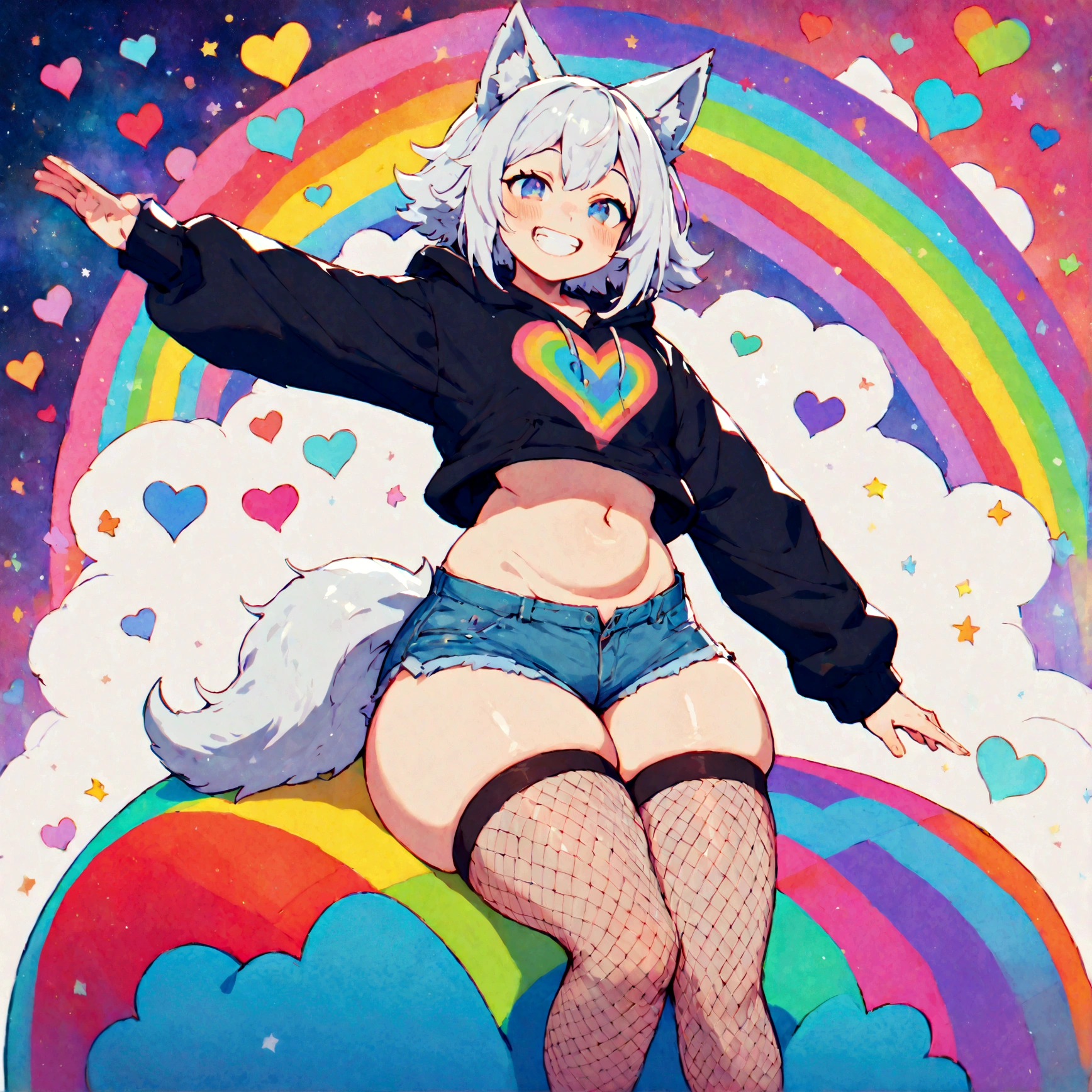 a cute adult male with wolf ears, white hair, has a wolf tail, wearing a loose cropped oversized black hoodie, wearing a pair of denim short shorts and thigh high fishnet stockings, thick thighs, wide hips, relaxing on mound of fluffy multi colored kawaii plushies, short, very slim, showing slender tummy, stretching out, heart on hoodie, squishy thighs, has glowing blue eyes. alone, solo (ALONE)(SOLO), surrounded by rainbows, colorful galaxy backround, mouth wide open grin, very happy, excited, nice butt