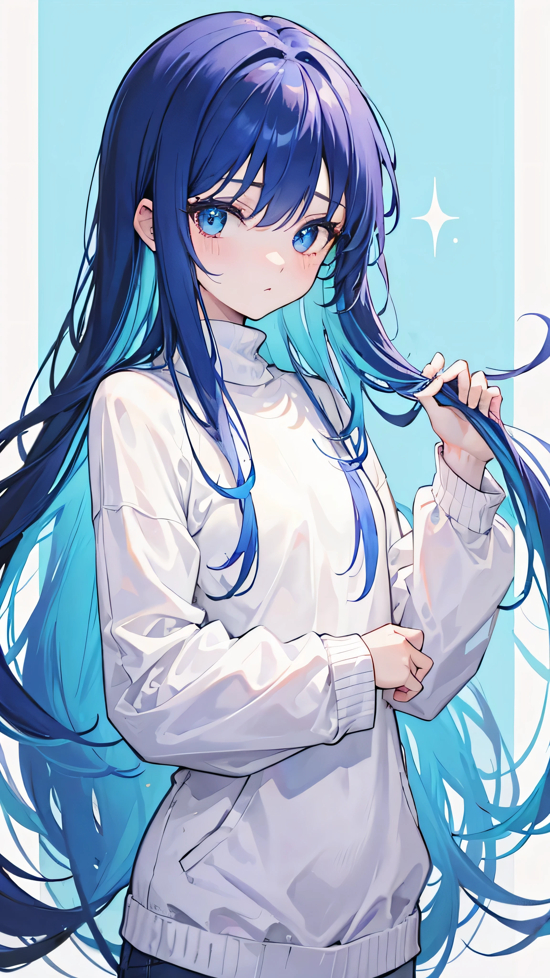 (best quality,high resolution),
portrait,
blue hair,colorful hair,
messy hair:direct,
thin eyebrows:arched,
big round eyes,innocent eyes,Bright Eyes,
small freckles,
soft pink lips,
young face,
short and small,
white turtleneck sweater,
black and white clothes,
long sleeve top,
trousers,
flat chest,
whole body,
confident posture,
light blue background,
soft light