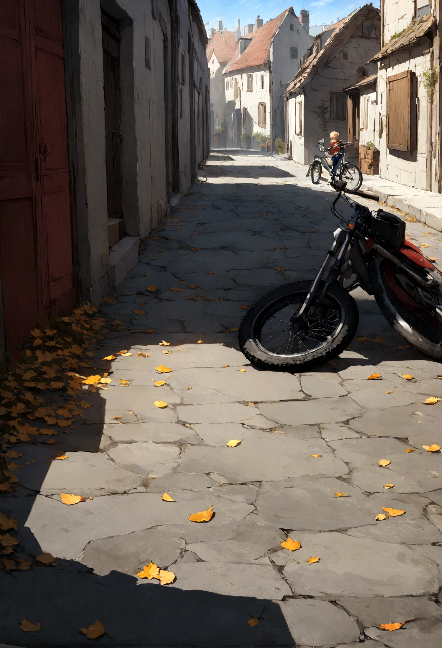 Create a realistic, detailed image capturing the precise moment a 9-year-old falls off his bike. L'enfant, aux cheveux bruns et courts, wears a red t-shirt with a superhero motif, un short bleu et des baskets blanches. Il a un casque de protection jaune qui est légèrement de travers à cause de la chute. The bike is a red mountain model with black tires, and it is tilted at 45 degrees, les roues en l'air. L'enfant est en l'air, les mains tendues vers l'avant pour amortir la chute, une expression de surprise et de peur sur son visage. The scene takes place on a quiet residential street, with red brick houses and well-kept gardens in the background. Des arbres feuillus bordent la rue, casting sharp shadows on the sidewalk on a sunny afternoon. Some leaves are scattered on the ground, adding realism to the scene. Veillez à ce que les détails des vêtements, of the bike and the environment are clear and precise.