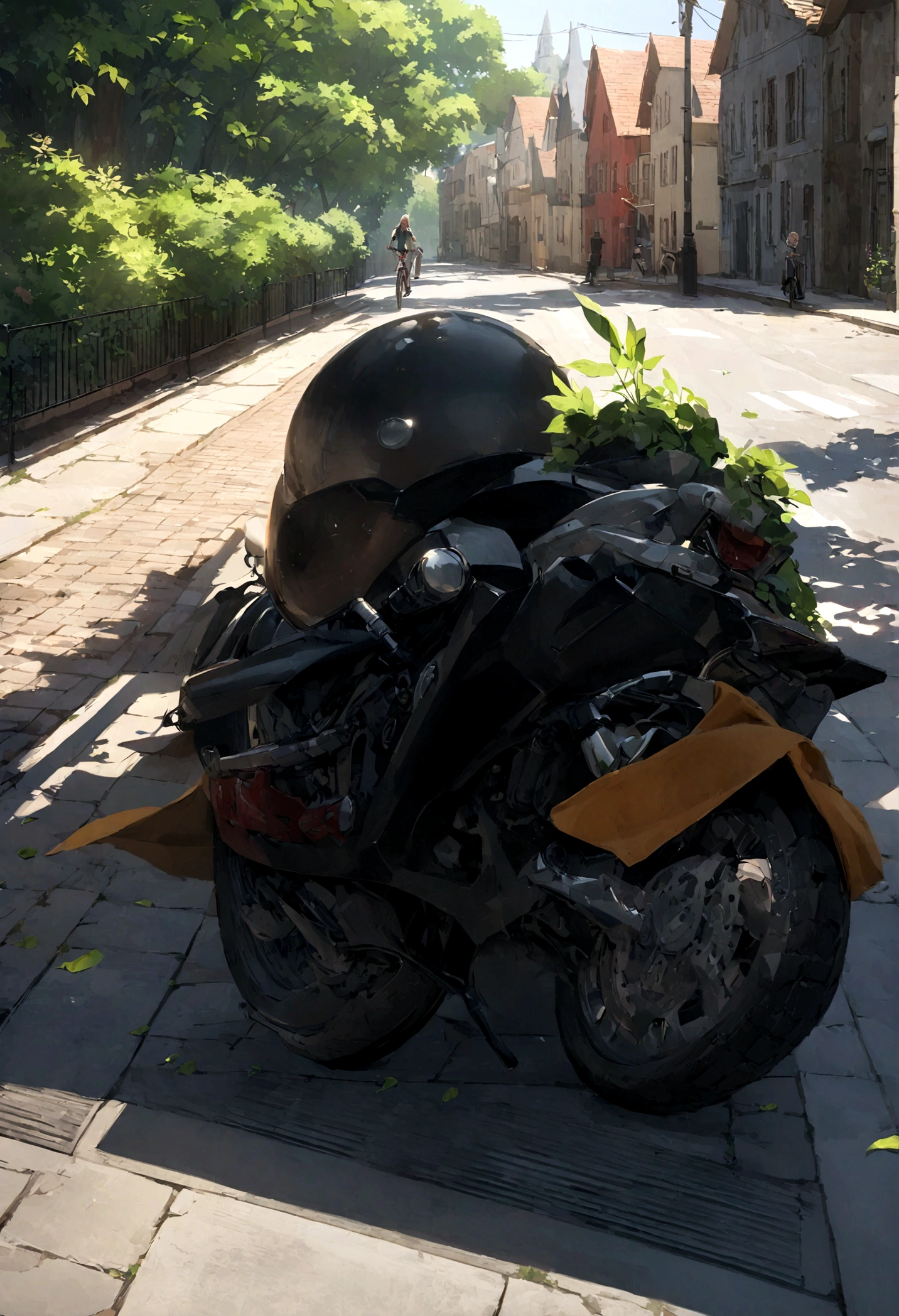 Create a realistic, detailed image capturing the precise moment a 9-year-old falls off his bike. L'enfant, aux cheveux bruns et courts, wears a red t-shirt with a superhero motif, un short bleu et des baskets blanches. Il a un casque de protection jaune qui est légèrement de travers à cause de la chute. The bike is a red mountain model with black tires, and it is tilted at 45 degrees, les roues en l'air. L'enfant est en l'air, les mains tendues vers l'avant pour amortir la chute, une expression de surprise et de peur sur son visage. The scene takes place on a quiet residential street, with red brick houses and well-kept gardens in the background. Des arbres feuillus bordent la rue, casting sharp shadows on the sidewalk on a sunny afternoon. Some leaves are scattered on the ground, adding realism to the scene. Veillez à ce que les détails des vêtements, of the bike and the environment are clear and precise.