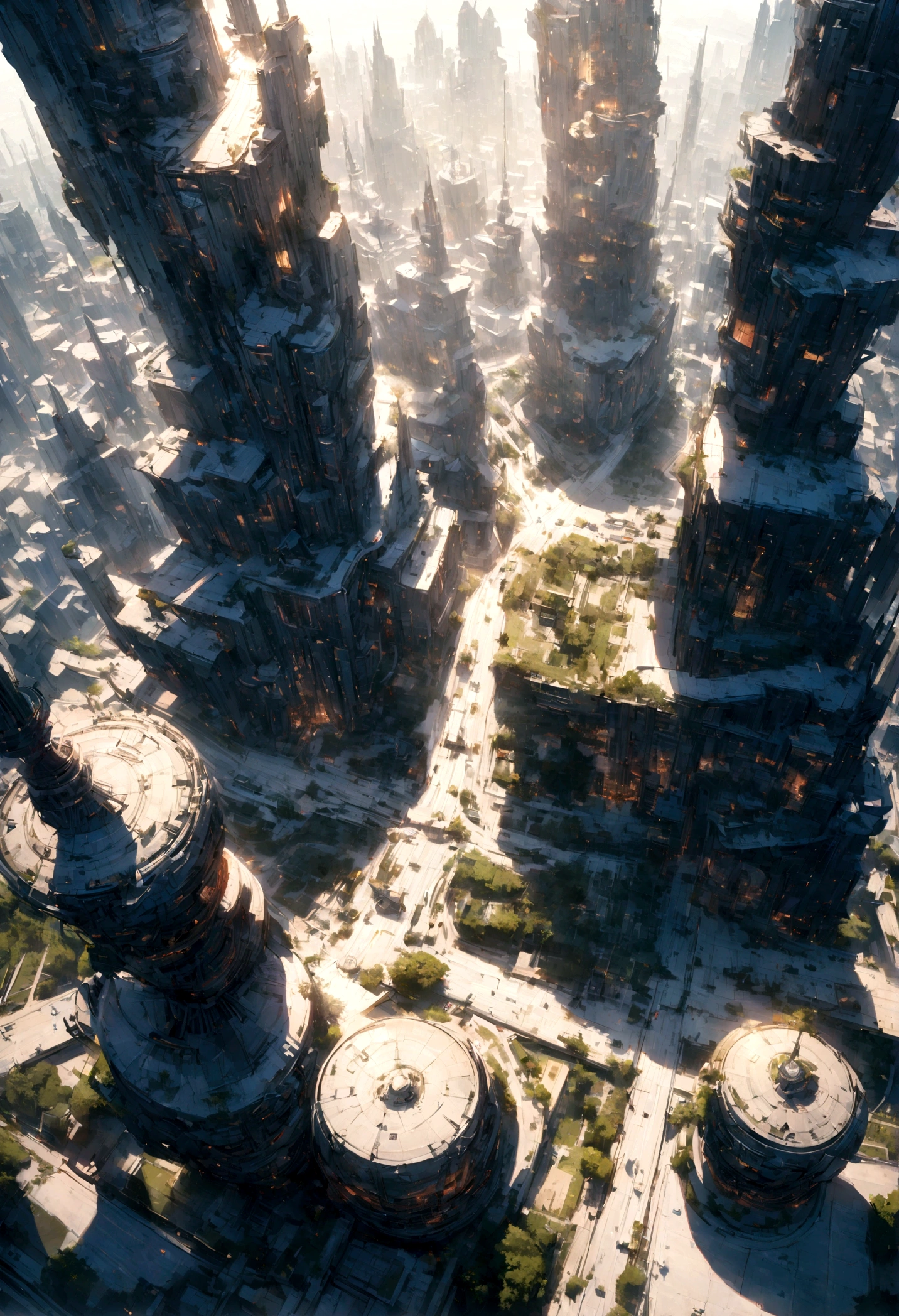 A view of a metropolis from above. Futuristic buildings and flying cars can be seen in the sky