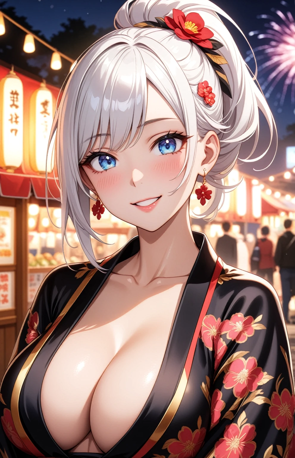 ((one personの女性)), Beautiful Face,Laughing embarrassedly,Laughing with your mouth open,Bright red cheeks,Glossy pink lips,night,Festival stalls on the riverbank,firework,((Anime style background)),masterpiece, highest quality, so beautiful, Latest, Complex details, (Pink long nails),AI-generated, Complex,High resolution, highest quality, super high quality,3D Images、View your viewers、3D Images,one person,Long white hair,High Ponytail,blue eyes,Anime woman posing for a photo, (Fine grain、Colorful eyes、Shining Eyes:1.0),(Squint your eyes:1.1),a hyperRealistic , hyperRealistic , Realistic,Anime woman with long and white hair, Smooth anime CG art, A woman in a colorful kimono with gold embroidery, (Black kimono),Red floral pattern,Long flower hair ornament,Big earrings,,Mature Body,(Big Breasts:1.1)Tall,Big Ass,Fine details,Narrow waist,(Face close-up:1.5),Tilt your head,Bevel the background