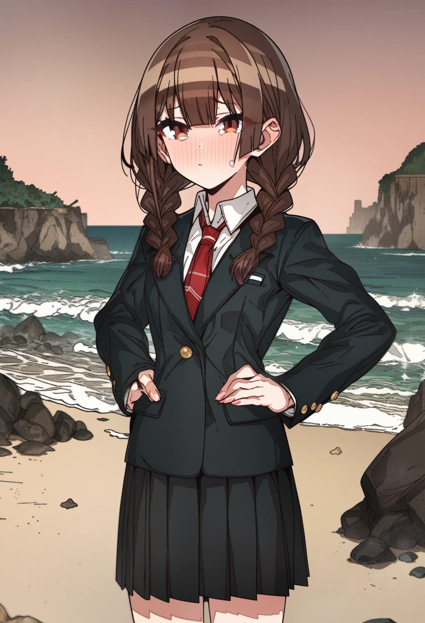 houshou_marine with brown hair and brown eyes, Artist, erere, Copyrights, idolmaster, idolmaster_shiny_colors, Character, General, 1girl, brown_hair, blunt_bangs, blush, medium_breasts, breasts, detailed eyelashes, beatiful girl:1, brown_eyes, censored, school_uniform, black pleated skirt, black blazer, white shirt, red tie, twin_braids, :|:0.5, (full_body) (standing in middle, beach, rocks), sky:0.7, half-closed_eyes, detailed, sand, outdoors, from_side, looking_at_viewer, masterpiece, best_quality, great_quality, girl, solo, center_composition, centered character, cute, crying, streaming_tears

