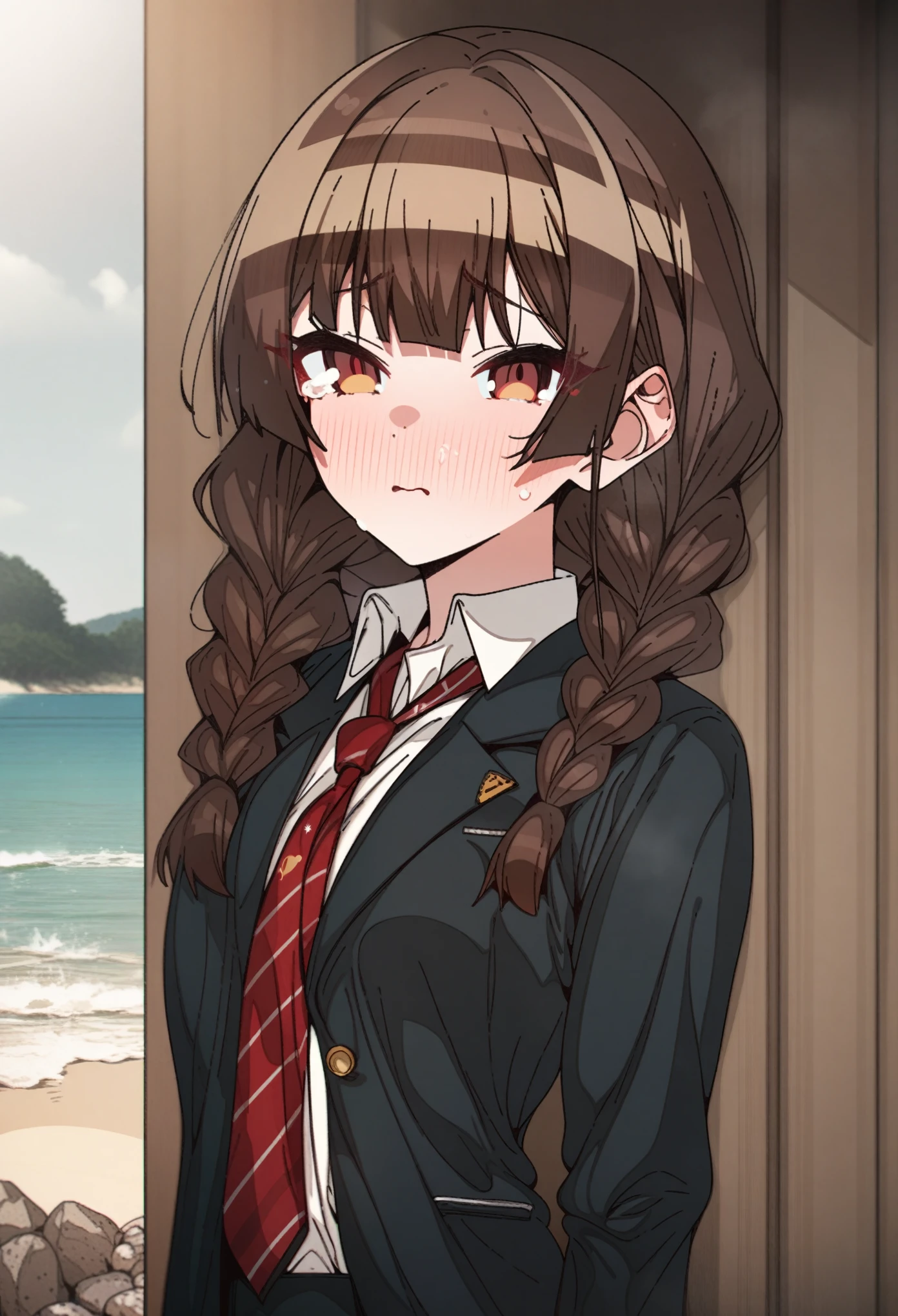 houshou_marine with brown hair and brown eyes, Artist, erere, Copyrights, idolmaster, idolmaster_shiny_colors, Character, General, 1girl, brown_hair, blunt_bangs, blush, medium_breasts, breasts, detailed eyelashes, beatiful girl:1, brown_eyes, censored, school_uniform, black pleated skirt, black blazer, white shirt, red tie, twin_braids, :|:0.5, (full_body) (standing in middle, beach, rocks), sky:0.7, half-closed_eyes, detailed, sand, outdoors, from_side, looking_at_viewer, masterpiece, best_quality, great_quality, girl, solo, center_composition, centered character, cute, crying, streaming_tears