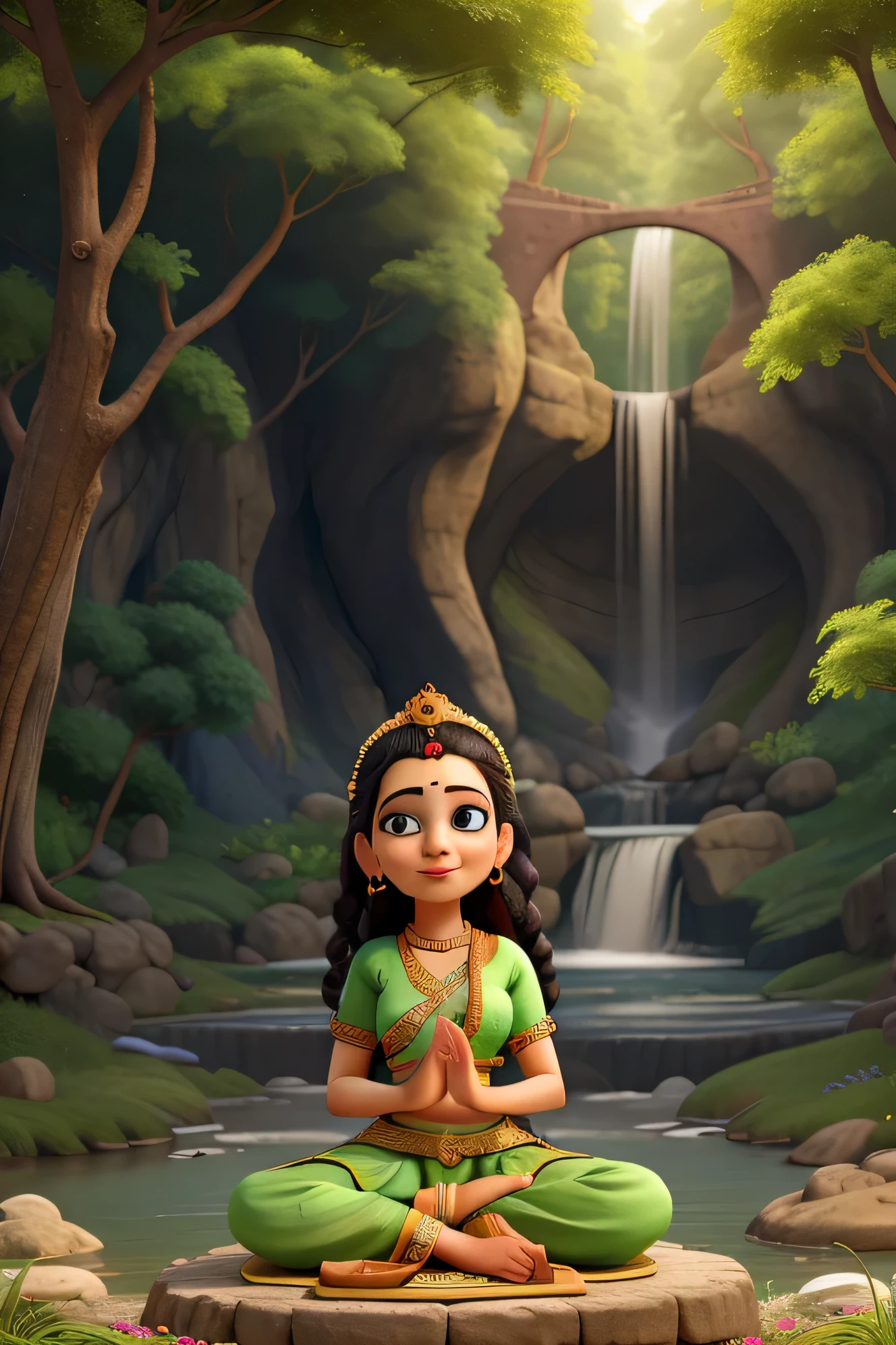 Lord Shri Radha Rani is doing meditation in the forest wearing a green saree and there is a waterfall on the side and a peacock is sitting there
