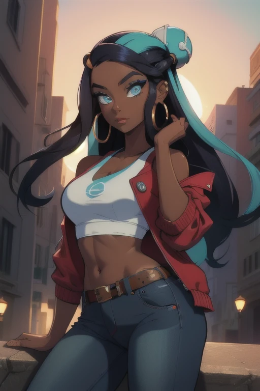 pokemonnessa, pokemonnessa, aqua eyes, eyeshadow, dark skin, (dark-skinned female:1.5), hair bun, hair ornament, makeup, long hair, sidelocks, single hair bun, thick eyebrows, black hair, aqua hair, streaked hair, BREAK opened red jacket, white tank-top, ((midriff)), medium breasts, cleavage, tight blue denim pants, belt, hoop earrings, BREAK looking at viewer, upper body, full body, BREAK outdoors, city, sky, sun, BREAK (masterpiece:1.2), best quality, high resolution, unity 8k wallpaper, (illustration:0.8), (beautiful detailed eyes:1.6), extremely detailed face, perfect lighting, extremely detailed CG, (perfect hands, perfect anatomy),
