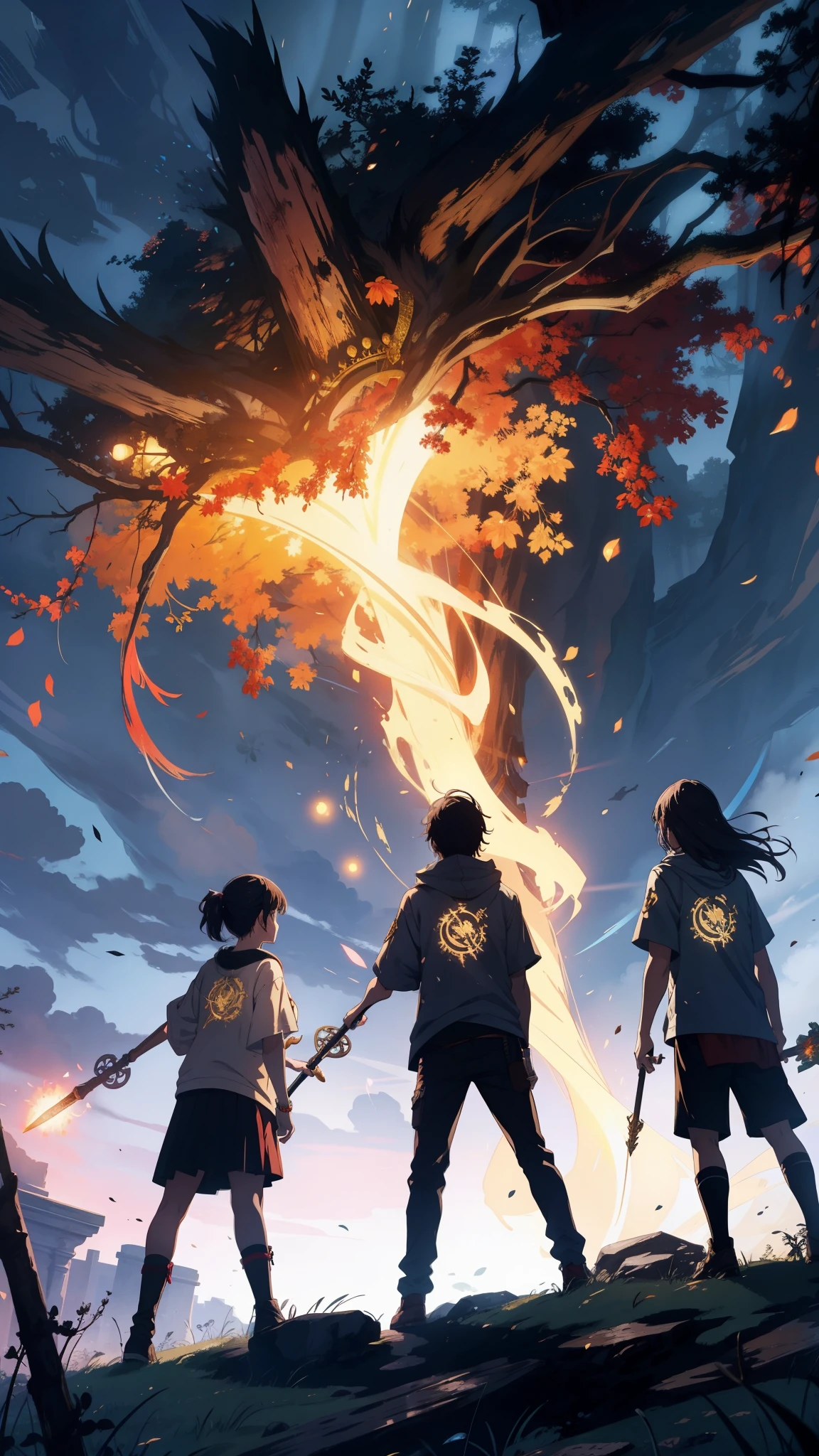A dramatic movie scene of a group of teenagers, wielding golden staffs adorned with magical runes. They stand defiantly against a monstrous creature made of gnarled branches and glowing flowers, in an abandoned, overgrown temple. The air crackles with magical energy as the teenagers prepare to launch their attack, fantasy world, dark background, clean design, epic, artstation, colorful paint splatter, silhouette, hyper detailed intricate details, unreal engine, fantasy, splash screen, complementary colors, deviantart masterpiece, oil painting, heavy strokes, paint dripping, indifferent expression