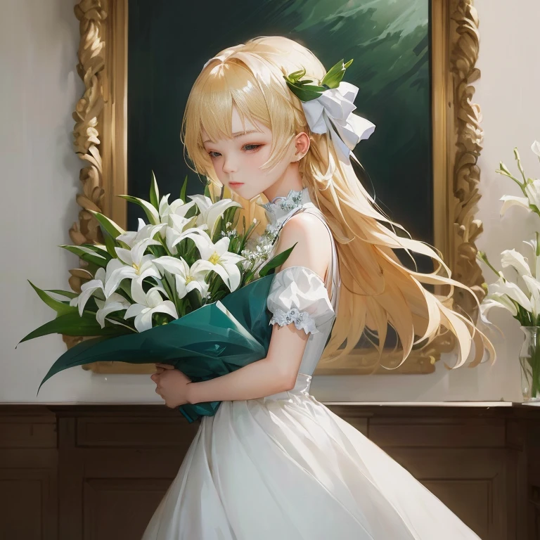 there is a girl in a white dress holding a bouquet of flowers,  in dress, painted in anime painter studio, guweiz on pixiv artstation, guweiz on artstation pixiv, made with anime painter studio, splash art anime , guweiz, artwork in the style of guweiz, guweiz masterpiece