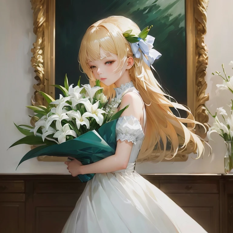 there is a girl in a white dress holding a bouquet of flowers,  in dress, painted in anime painter studio, guweiz on pixiv artstation, guweiz on artstation pixiv, made with anime painter studio, splash art anime , guweiz, artwork in the style of guweiz, guweiz masterpiece