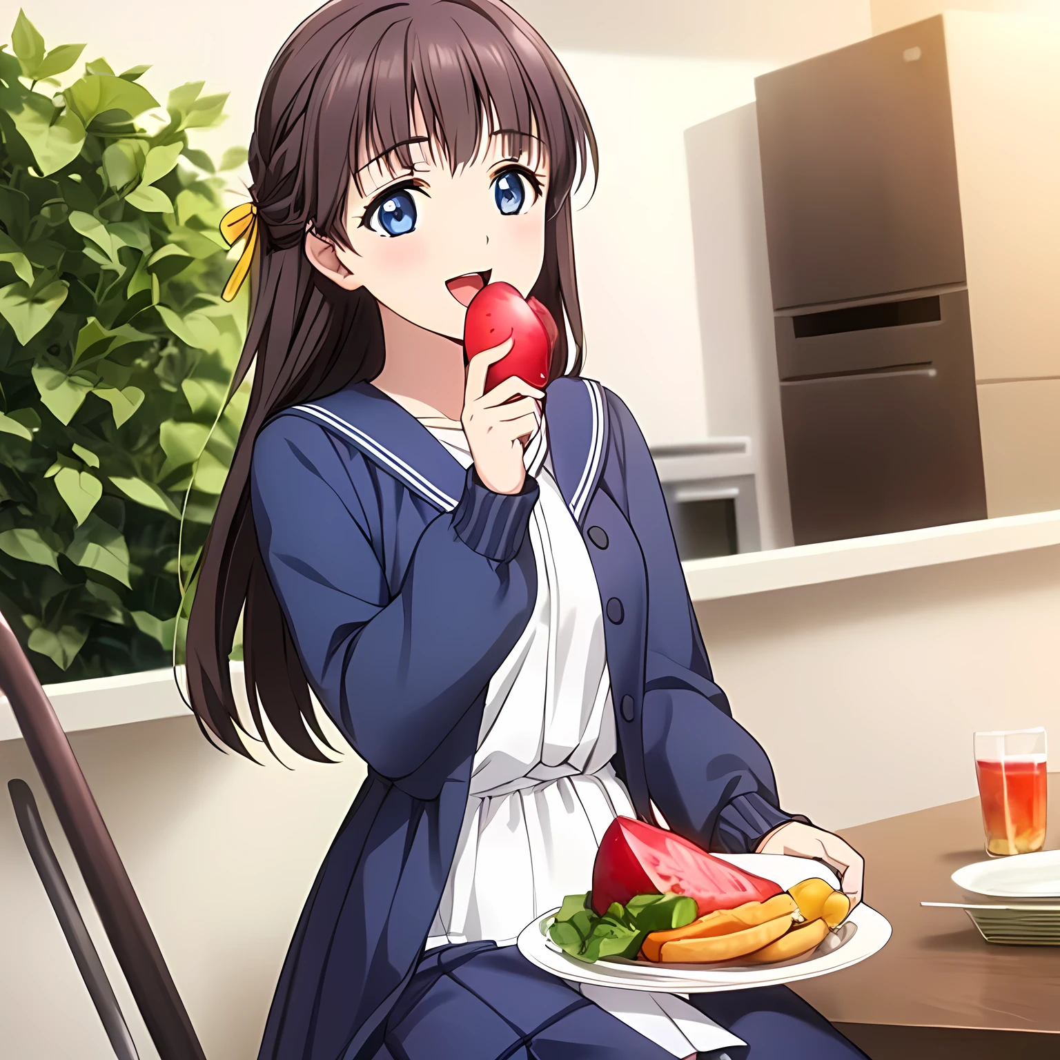 (highest quality, masterpiece:1.2), highest quality, High resolution, 1080p, 8K, Game heroine CG, Height: 158cm, ((A beautiful game heroine is eating a radish)), A face that everyone loves, Glossy lips, Even bangs, Double, Long eyelashes on both the top and bottom, Smiling blue eyes, The very large and thick yellow ribbon bowtie is very cute., ((Black Hair)), Beautiful, shiny, long black hair, ((A long, neat, dark navy pleated skirt)), (((A long-sleeved navy blue sailor uniform for winter, all dark blue in color))), ((Navy blue jacket)), Smiling, slightly open mouth like a game heroine, Ribbon in hair, Tight waist, The background is a blank white space, ((Blur the background))