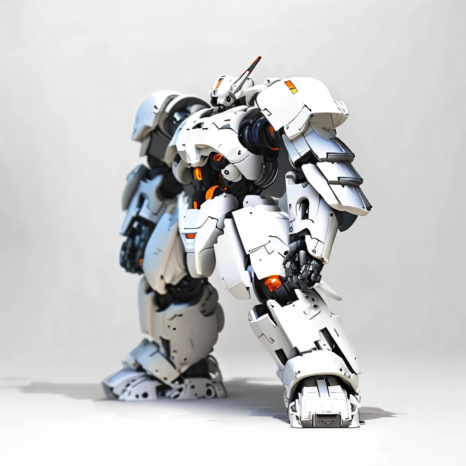 Close-up of a white and orange robot standing on a white surface, White Mecha, alexandre ferra White Mecha, Cool mecha style, Wearing white futuristic armor, Large mecha robot in anime, Armored Core-style mecha, White Mechabot, Mecha style Greek god, Amazing mecha robots, A mix of anime robots and organic matter, Streamlined white armor