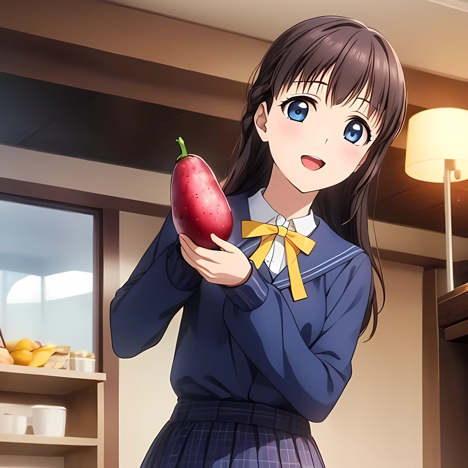 (highest quality, masterpiece:1.2), highest quality, High resolution, 1080p, 8K, Game heroine CG, Height: 158cm, ((A beautiful game heroine is eating a radish)), A face that everyone loves, Glossy lips, Even bangs, Double, Long eyelashes on both the top and bottom, Smiling blue eyes, The very large and thick yellow ribbon bowtie is very cute., ((Black Hair)), Beautiful, shiny, long black hair, ((A long, neat, dark navy pleated skirt)), (((A long-sleeved navy blue sailor uniform for winter, all dark blue in color))), ((Navy blue jacket)), Smiling, slightly open mouth like a game heroine, Ribbon in hair, Tight waist, The background is a blank white space, ((Blur the background))