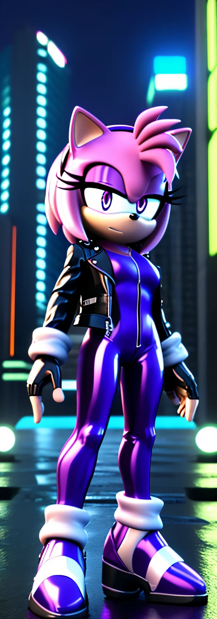 Solo, 1girl, full body image, rendered in SFM, ((sonic oc:1)), from sonic, high detail iconic character, in the new action-movie sonic, cyberpunk city, official render, 3d render official art, toon shader, ((female)), (((purple hedgehog:1))), ((shiny)) (purple fur:1.0), (((Amy rose style quills))), (((metallic purple eyeliner))) ((deep, empty purple eyes:1.5)), ((calm neutral expression)), ray trace 4 k, ray trace 4k, (((metallic purple latex bodysuit))), (((leather jacket))), ((fingerless gloves:0.9))