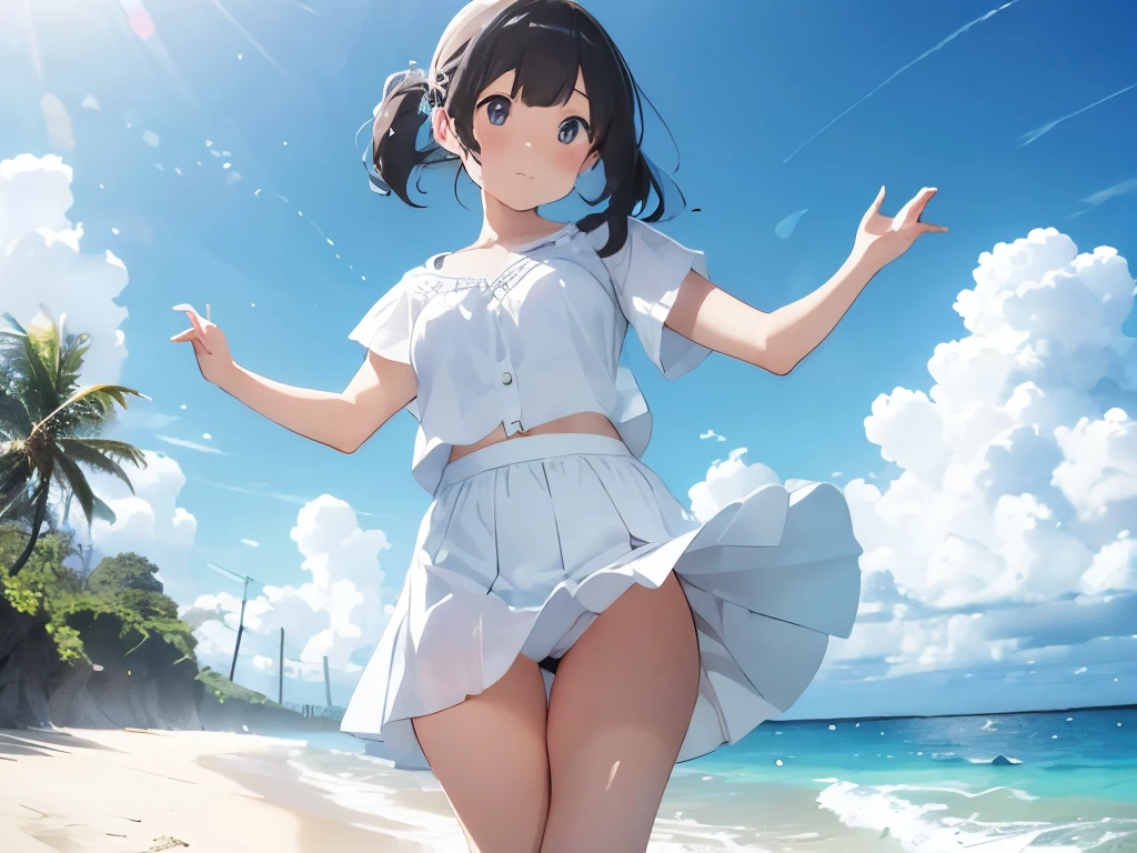 White dress shirt、Cute white underwear that can be seen by lifting up a light blue skirt、barefoot、Sandy beach, sea, cumulonimbus clouds and blue sky