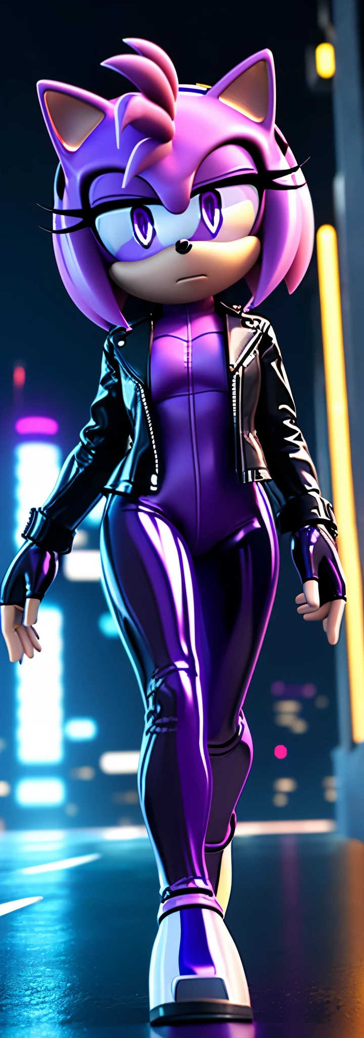 Solo, 1girl, full body image, rendered in SFM, ((sonic oc:1)), from sonic, high detail iconic character, in the new action-movie sonic, cyberpunk city, official render, 3d render official art, toon shader, ((female)), (((purple hedgehog:1))), ((shiny)) (purple fur:1.0), (((Amy rose style quills))), (((metallic purple eyeliner))) ((deep, empty purple eyes:1.5)), ((calm neutral expression)), ray trace 4 k, ray trace 4k, (((metallic purple latex bodysuit))), (((leather jacket))), ((fingerless gloves:0.9))