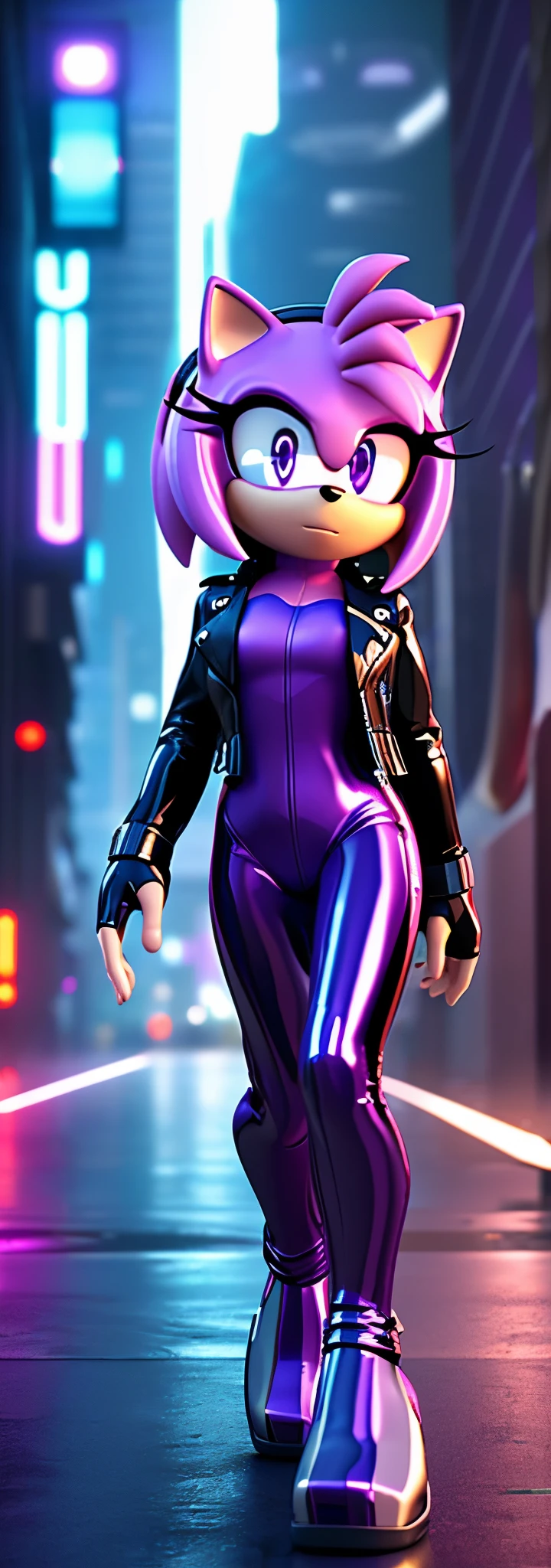 Solo, 1girl, full body image, rendered in SFM, ((sonic oc:1)), from sonic, high detail iconic character, in the new action-movie sonic, cyberpunk city, official render, 3d render official art, toon shader, ((female)), (((purple hedgehog:1))), ((shiny)) (purple fur:1.0), (((Amy rose style quills))), (((metallic purple eyeliner))) ((deep, empty purple eyes:1.5)), ((calm neutral expression)), ray trace 4 k, ray trace 4k, (((metallic purple latex bodysuit))), (((leather jacket))), ((fingerless gloves:0.9))