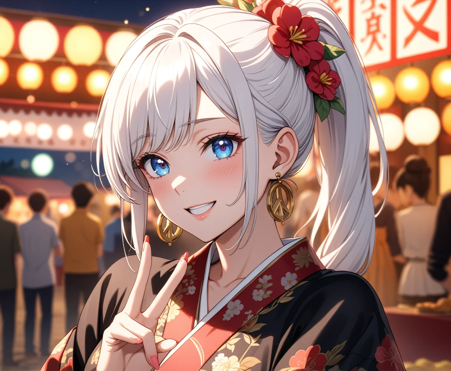 ((one personの女性)), Beautiful Face,Laughing embarrassedly,Laughing with your mouth open,(Bright red cheeks:1.2),Glossy pink lips,night,Festival stalls on the riverbank,firework,((Anime style background)),masterpiece, highest quality, so beautiful, Latest, Complex details, (Pink long nails),AI-generated, Complex,High resolution, highest quality, super high quality,3D Images、View your viewers、3D Images,one person,Long white hair,High Ponytail,blue eyes,Anime woman posing for a photo, (Fine grain,Colorful eyes,Shining Eyes:1.1),(Squint your eyes:1.1),a hyperRealistic , hyperRealistic , Realistic,Anime woman with long and white hair, Smooth anime CG art, A woman in a colorful kimono with gold embroidery, (Black kimono),Red floral pattern,Long flower hair ornament,Big earrings,,Mature Body,(Big Breasts:1.0)Tall,Big Ass,Fine details,Narrow waist,(Face close-up:1.5),Bevel the background.peace sign