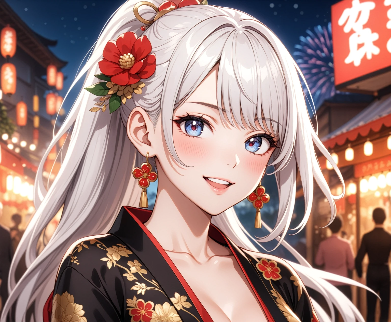 ((one personの女性)), Beautiful Face,Laughing embarrassedly,Laughing with your mouth open,(Bright red cheeks:1.2),Glossy pink lips,night,Festival stalls on the riverbank,firework,((Anime style background)),masterpiece, highest quality, so beautiful, Latest, Complex details, (Pink long nails),AI-generated, Complex,High resolution, highest quality, super high quality,3D Images、View your viewers、3D Images,one person,Long white hair,High Ponytail,blue eyes,Anime woman posing for a photo, (Fine grain,Colorful eyes,Shining Eyes:1.1),(Squint your eyes:1.1),a hyperRealistic , hyperRealistic , Realistic,Anime woman with long and white hair, Smooth anime CG art, A woman in a colorful kimono with gold embroidery, (Black kimono),Red floral pattern,Long flower hair ornament,Big earrings,,Mature Body,(Big Breasts:1.0)Tall,Big Ass,Fine details,Narrow waist,(Face close-up:1.5),Bevel the background.peace sign