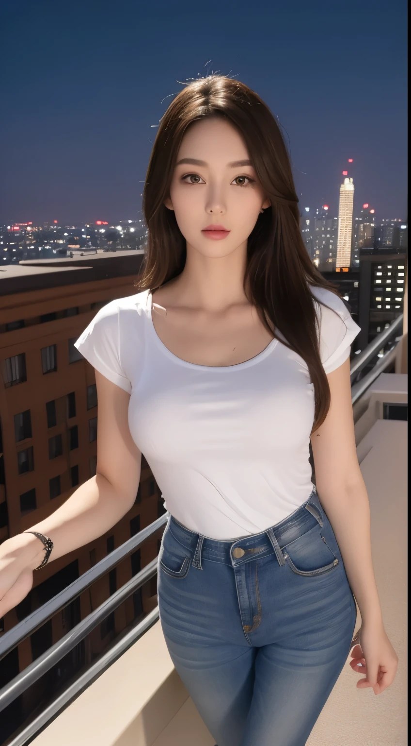 ((Midnight, Best quality, 8k, Masterpiece :1.3)), Whole body, Long legs, Sharp focus :1.2, A pretty woman with perfect figure :1.4, Slender abs :1.1, ((Dark brown hair, Big breasts :1.2)), (White tight tshirt, Jean bib, Standing:1.2), ((Night city view, Rooftop:1.3)), Highly detailed face and skin texture, Detailed eyes, Double eyelid