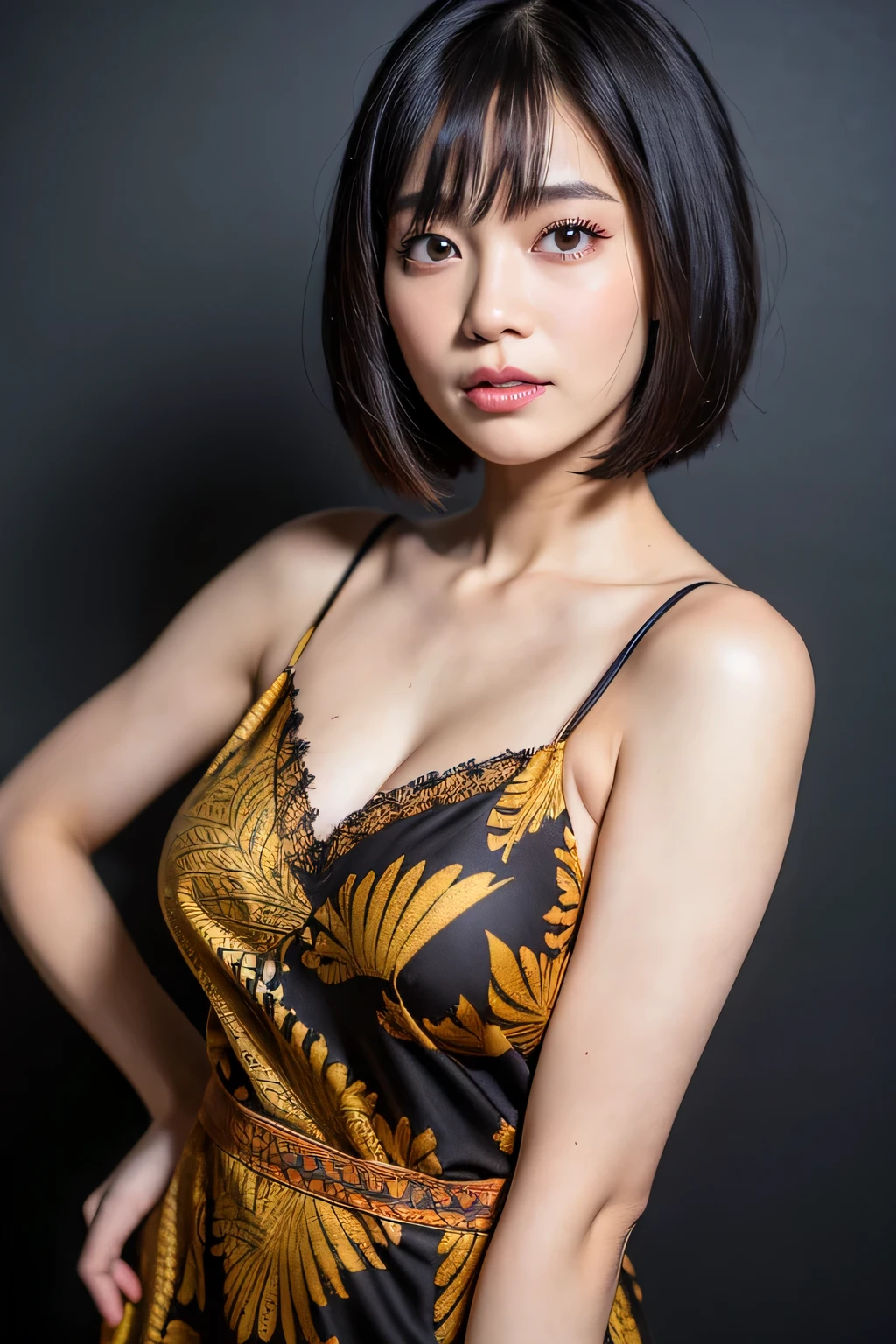best quality, face focus, ultra high res, (photorealistic:1.4), RAW photo, beautiful indonesian girl, black hair, wearing house dress batik, show armpit, bob haircut, black background small boobs, small tits, small breast, , house dress close her chest