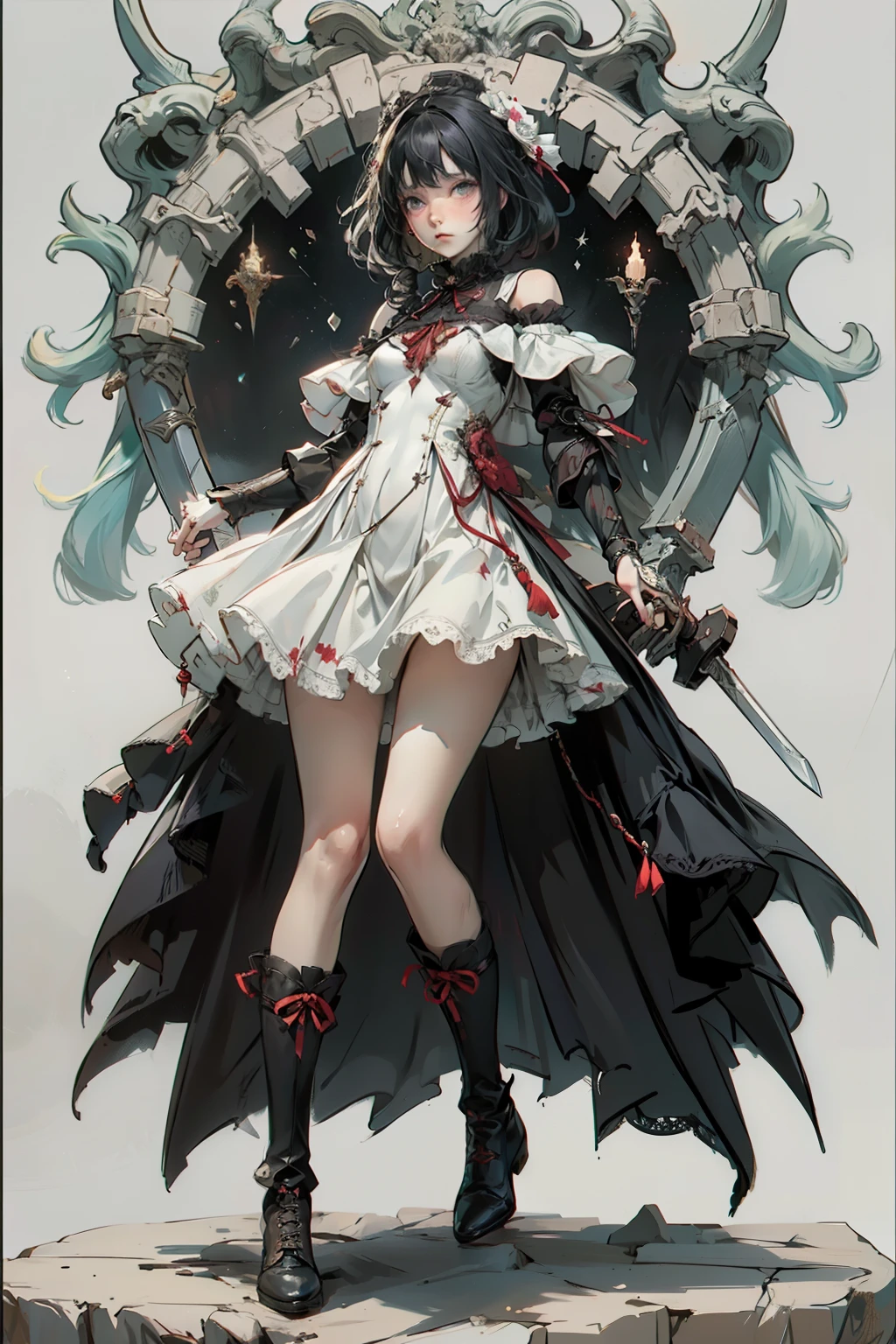 ((best quality)), ((masterpiece)), (detailed), blank white background, plain background, white background, red and white clothing, Bloodborne inspired, occult aesthetic, occult, detailed and intricate steampunk and detailed gothic, NSFW, Very dramatic and cinematic lighting, cosmic horror, grim-dark, side-lighting, perfect face, NSFW, Fluttering lace flared long knee length dress with frilly petticoats, knee length dress, pleated petticoats, ta dress, petticoats gothic lolicomplex lace boots, wielding a sword and holding a shield, side-lighting, gothic lolita aetic, NSFW, beautiful small breasts, small breasts, full body, whole body, body, plain background, white background, blank background, no background, white background NSFW, full body, whole body, head-to-toe