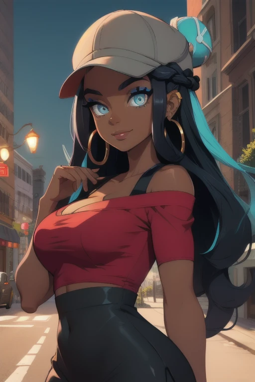 pokemonnessa, pokemonnessa, aqua eyes, eyeshadow, dark skin, (dark-skinned female:1.5), hair bun, hair ornament, makeup, long hair, sidelocks, single hair bun, thick eyebrows, black hair, aqua hair, streaked hair, slim feminine figure, medium breasts, arrogant smile BREAK grey cabbie hat, red shirt, off shoulder, collarbone exposed, cleavage, black lycra short skirt, pantyhose, hoop earrings, black high-heels BREAK looking at viewer, upper body, full body, BREAK outdoors, city, sky, sun, BREAK (masterpiece:1.2), best quality, high resolution, unity 8k wallpaper, (illustration:0.8), (beautiful detailed eyes:1.6), extremely detailed face, perfect lighting, extremely detailed CG, (perfect hands, perfect anatomy),