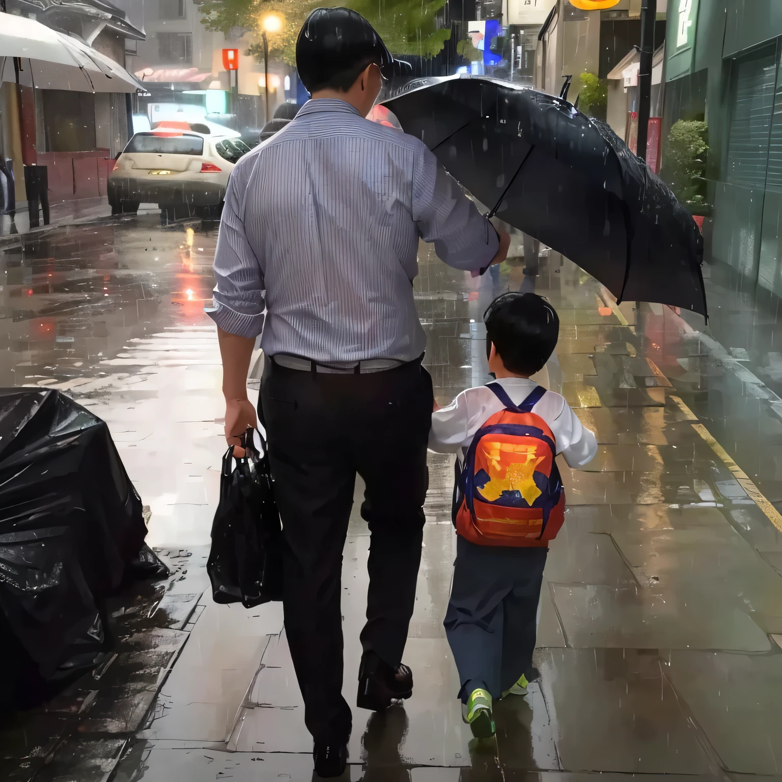 A man and a holding an umbrella walking on the street, Chinese, with children, in the rain, Chinese style, Well-dressed, john oliver in the rain, Father and Son, rain, Rainy weather, at rainy Day, Holding an umbrella,