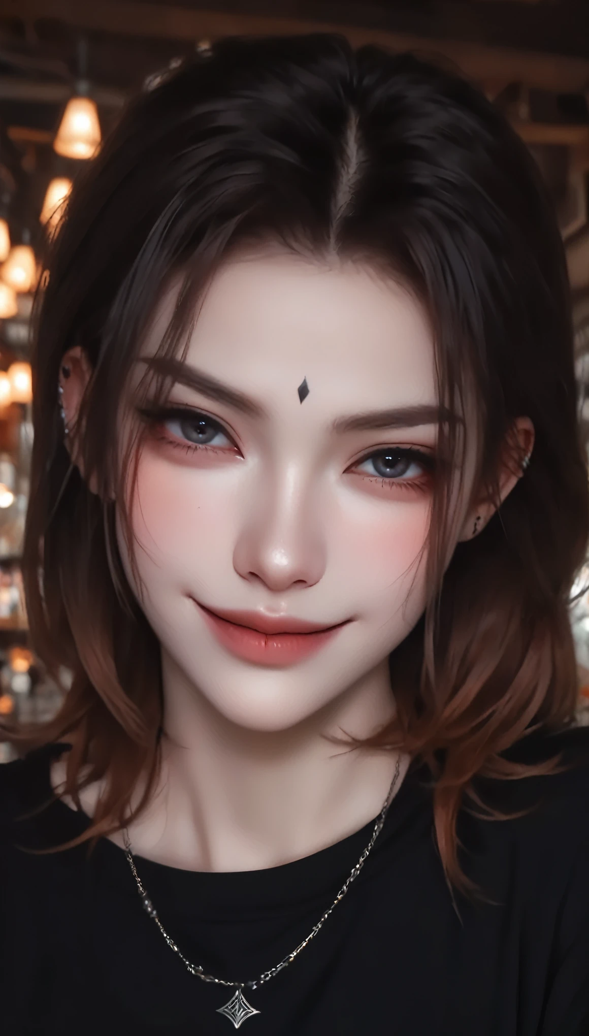 beautiful eyes, (Crop Top), (Black jeans), (full arm tattoo), illustration, (Shop Background) ((masterpiece)), (best quality), ((Very detailed)), Beautiful and delicate eyes, (vampire), ((Modern Landscape)), (Original, high resolution), Reality主义, semi-Reality主义, (Overexposure, illustration, Ambient Light), (Delicate and meticulous), (Very detailed), (light and shadow_symmetry:1.3), Smooth, (Perfect shadow), (Perfect Rendering), (Dynamic angle, Natural posture), ((Good anatomy)), (Smile), Evil chi, (Sweet ginger hair), (hair covering one eye), (Delicate face), ((Complex surface)), Smile, Depth of Field, Dynamic from above, light, (Reality), (Clear focus)