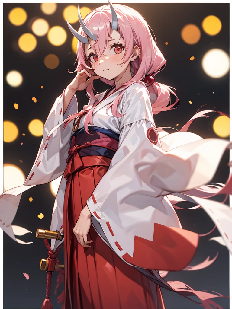 ShunaTensura, low-tied long hair, oni horns, (4k), profundidad de campo, (obra maestra), extremadamente detallado, Intrincado, hiper detallado, bokeh, high resolution, sharp detail, mejor calidad, chica, kimono rojo y blanco, pelo largo, cabello rosado, Ojos rosados, cuernos, relajante , blusa abajo