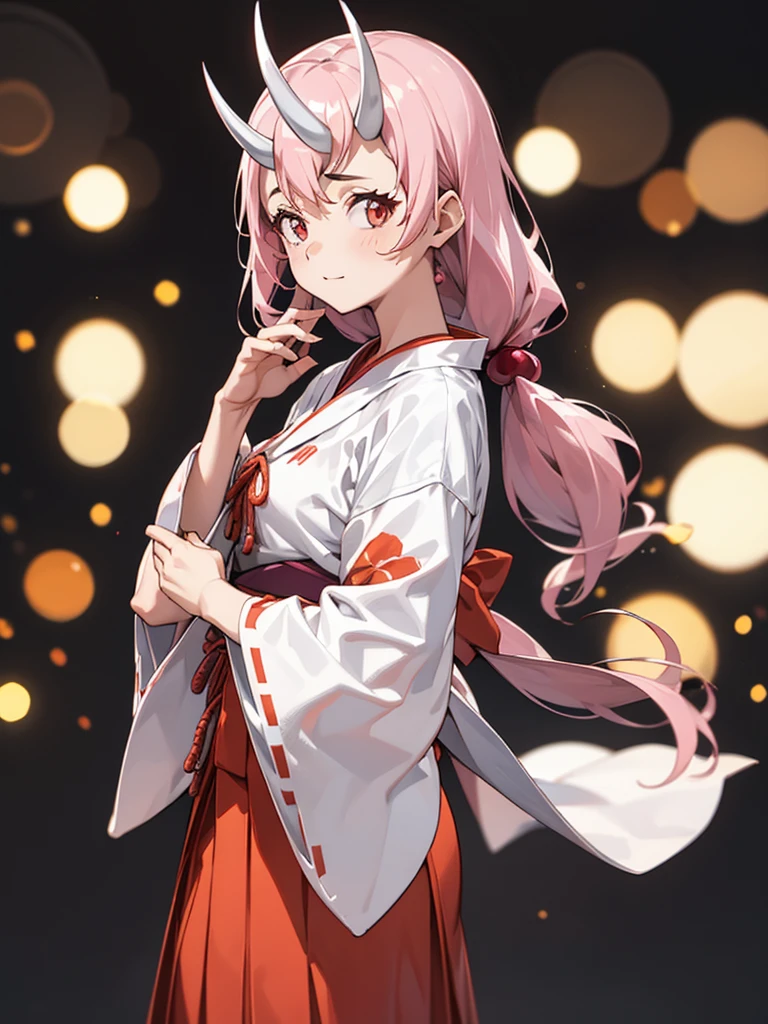 ShunaTensura, low-tied long hair, oni horns, (4k), profundidad de campo, (obra maestra), extremadamente detallado, Intrincado, hiper detallado, bokeh, high resolution, sharp detail, mejor calidad, chica, kimono rojo y blanco, pelo largo, cabello rosado, Ojos rosados, cuernos, relajante , blusa abajo