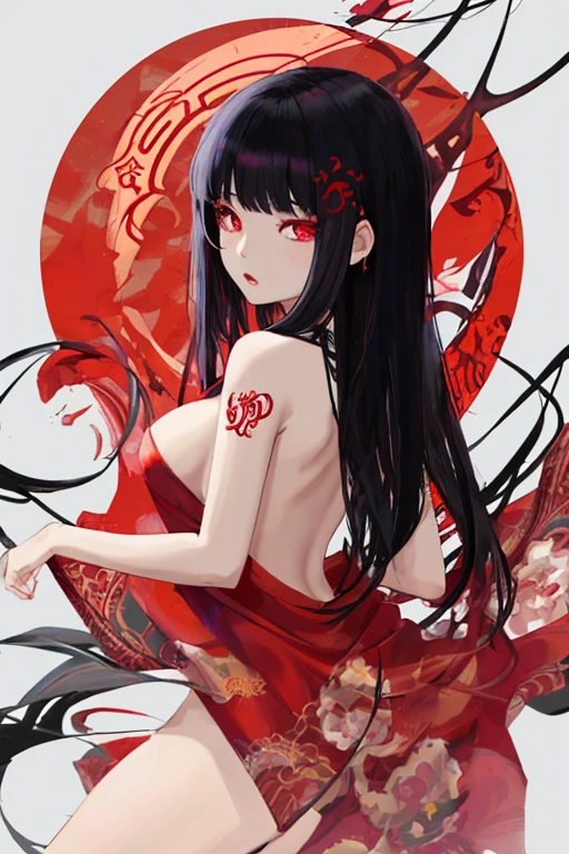 Asian girl, hermosa, demonio, ojos rojos, cabello blanco, garras, enormes pechos, desnuda, mostrando el culo al espectador, de espalda